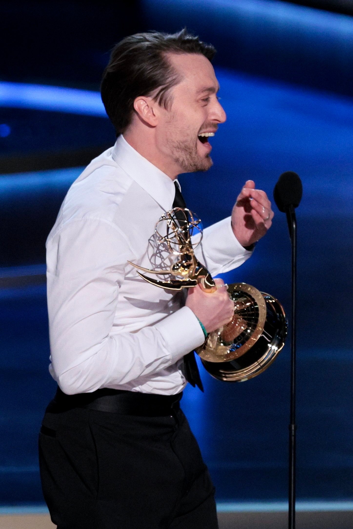 US actor Kieran Culkin reacts after winning best actor in a drama series for “Succession” during the 75th annual Primetime Emmy Awards ceremony. Photo: EPA-EFE