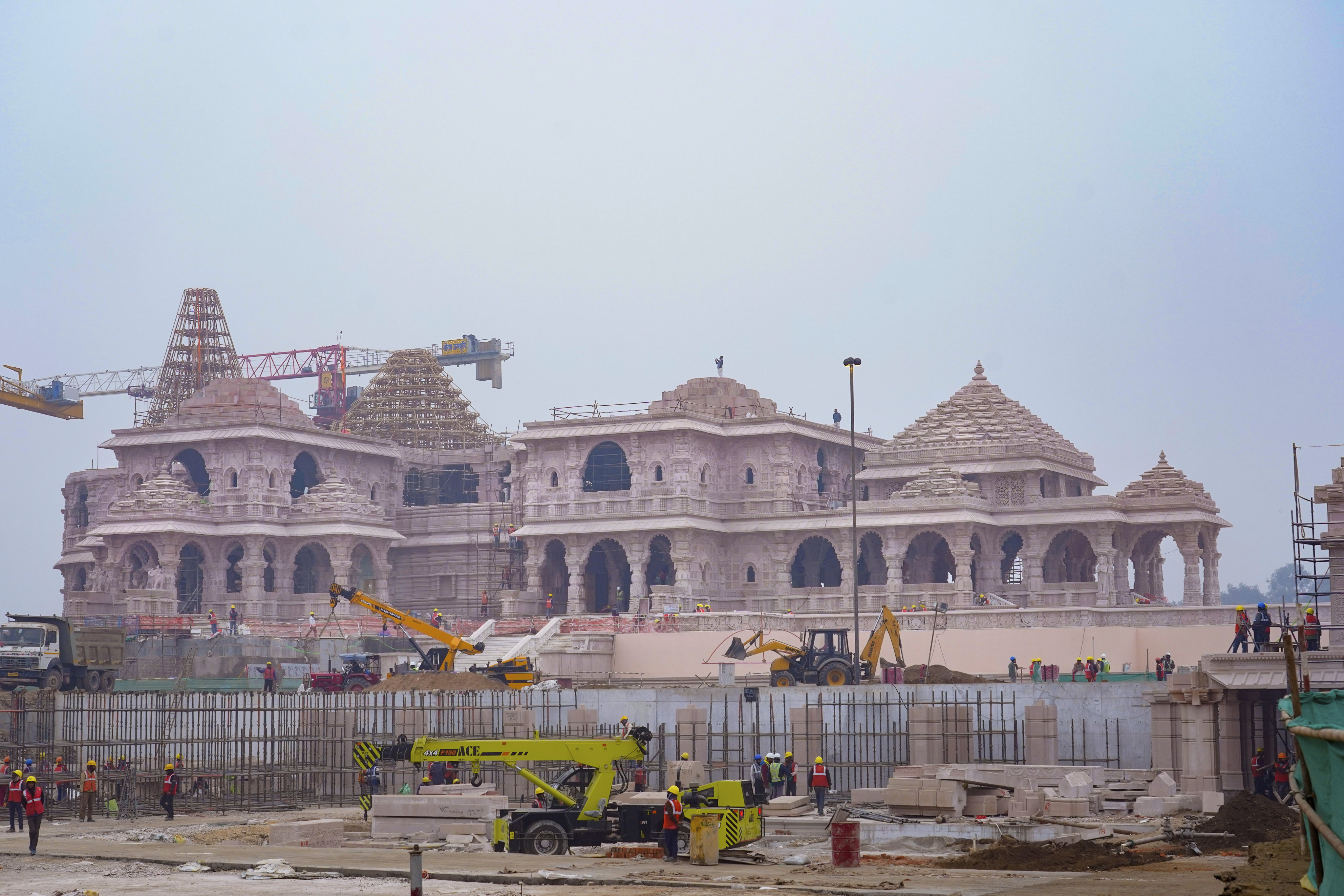 A construction crew works on the Ram Temple, a Hindu temple dedicated to Lord Ram in Ayodhya, India, on Tuesday. Photo: AP