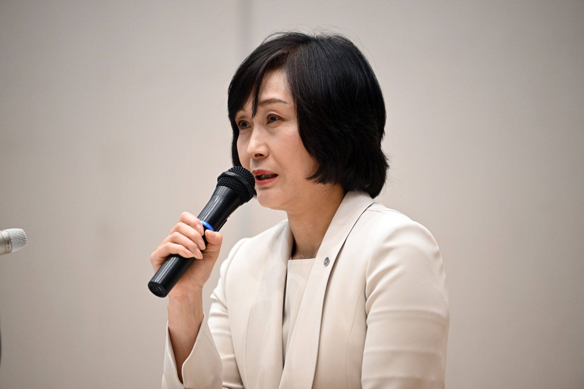 Mitsuko Tottori, incoming president of Japan Airlines, speaks during a news conference in Tokyo on Wednesday. Photo: Bloomberg
