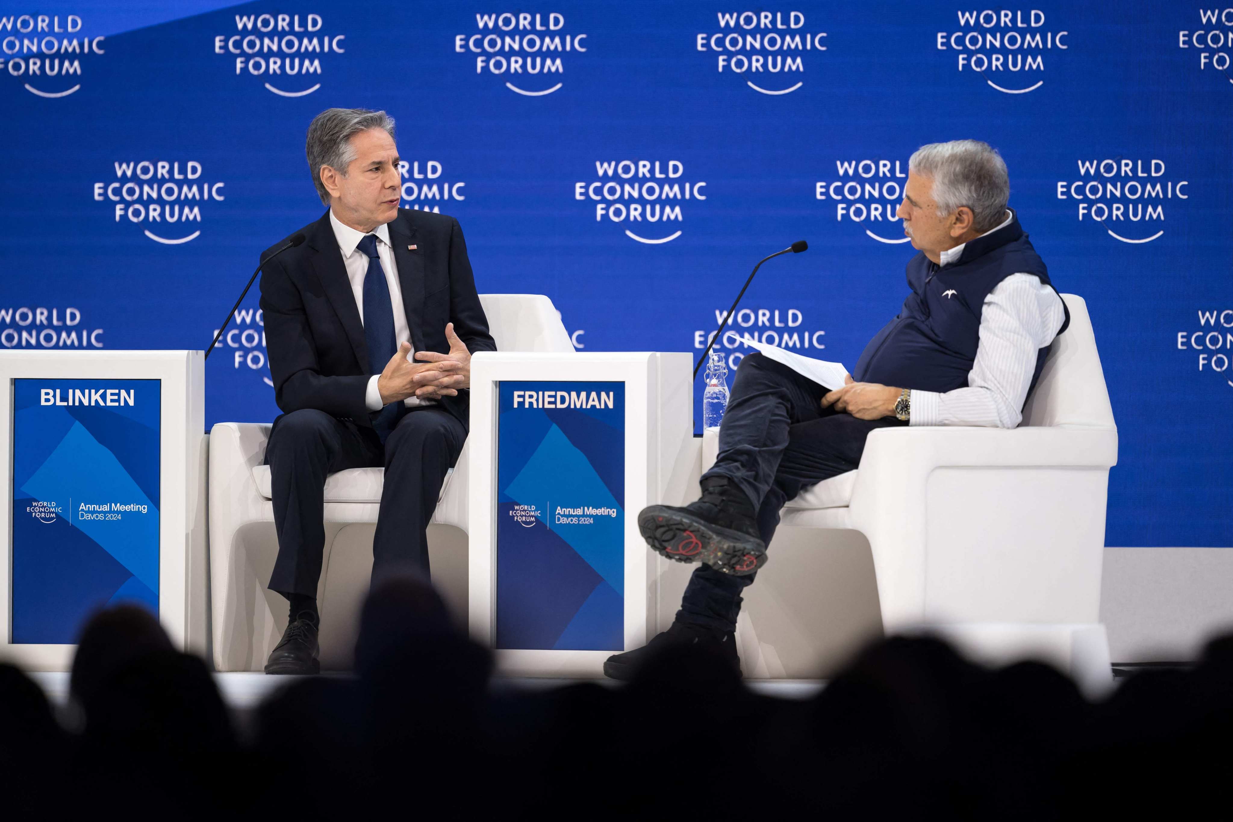 US Secretary of State Antony Blinken (left) speaks with American journalist Thomas Friedman at the World Economic Forum in Davos, Switzerland on Wednesday. Photo: AFP