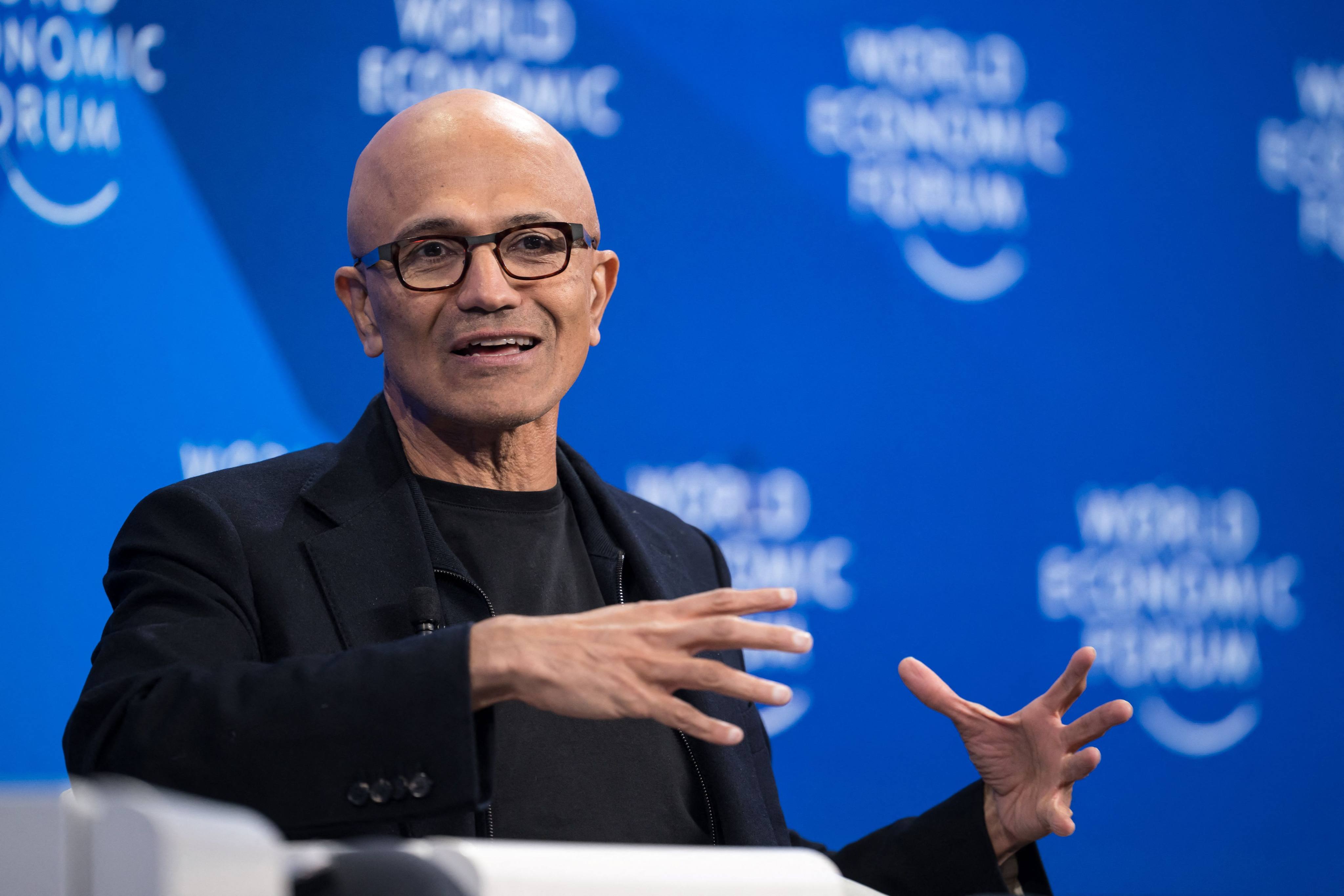 Microsoft CEO Satya Nadella speaks at the World Economic Forum annual meeting in Davos, Switzerland, on Tuesday. Photo: AFP