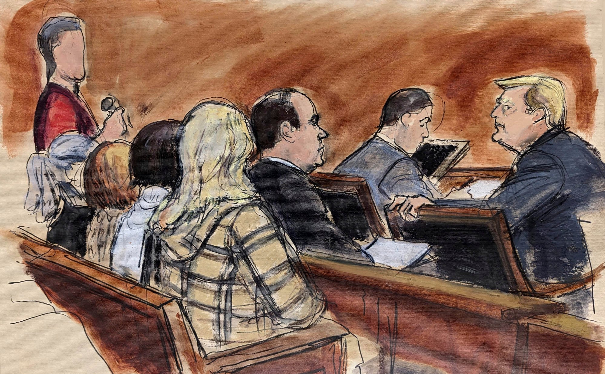 Former US president Donald Trump (right) turns to look at an anonymous prospective juror in New York on Tuesday. Courtroom sketch: Elizabeth Williams via AP