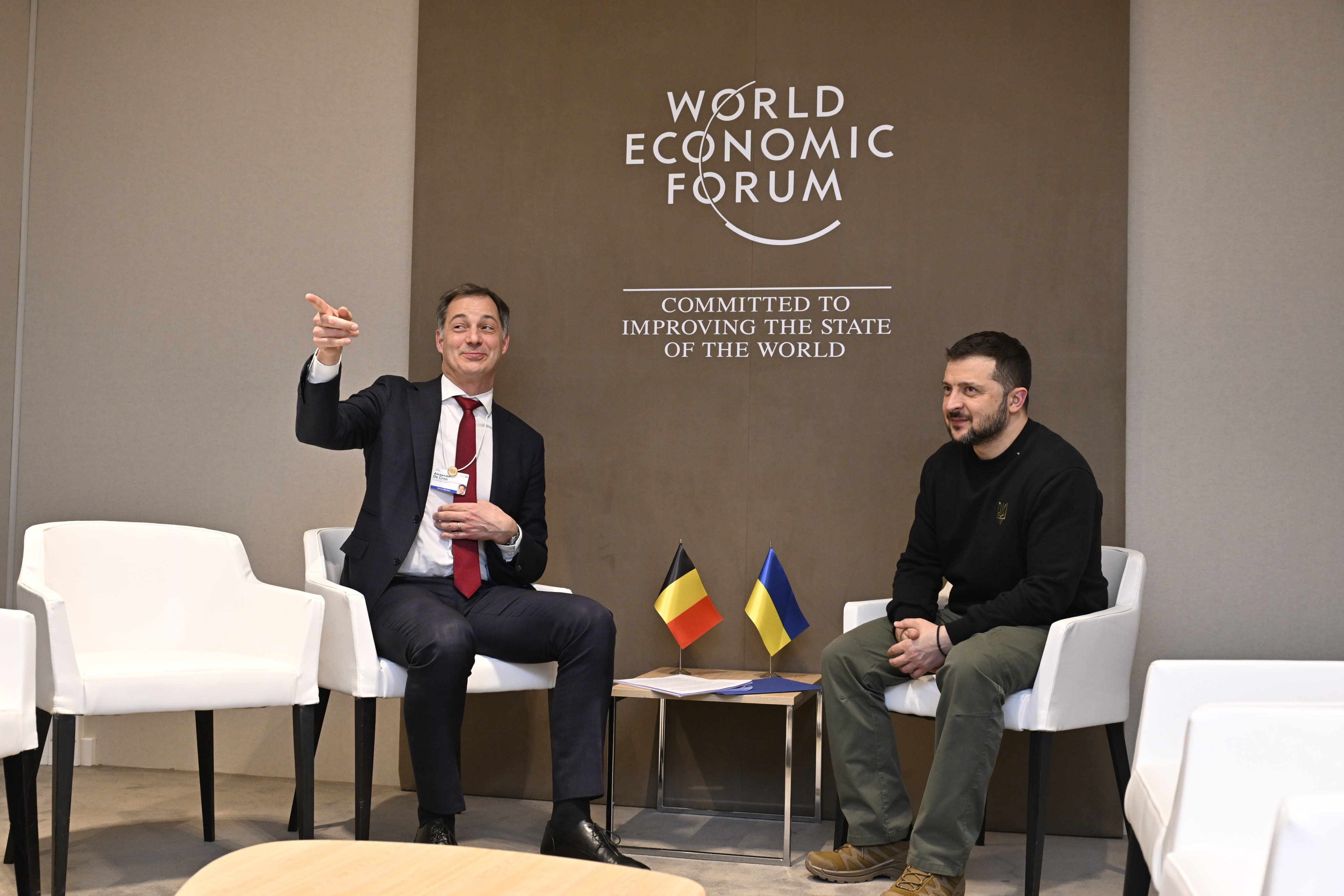 Belgian Prime Minister Alexander De Croo and Ukrainian President Volodymyr Zelensky share the stage on the sidelines of the World Economic Forum annual meeting in Davos, Switzerland, on January 16. The war in Ukraine is one of several factors injecting uncertainty into the EU’s future, and De Croo has warned that Donald Trump returning to the White House risks leaving Europe to stand on its own. Photo: dpa