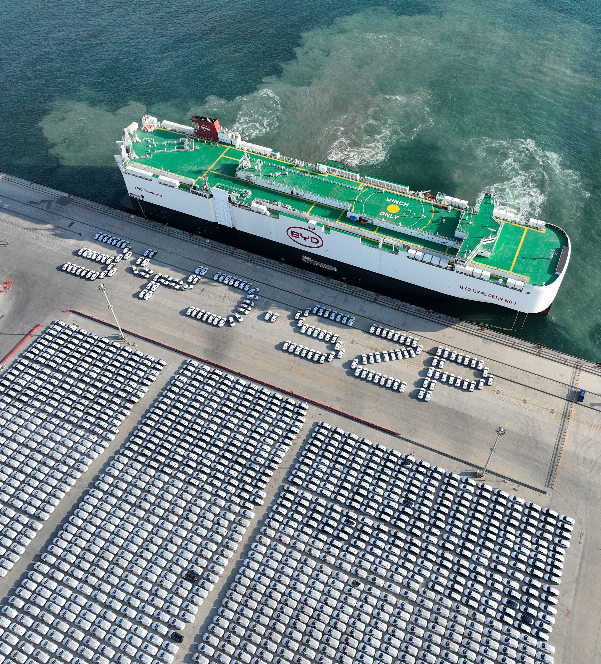 Vehicle carrier vessel “BYD Explor No 1” arrives at Xiaomo International Logistics Port in Shenzhen on January14, 2024. The vehicle carrier vessel set sail for the ports of Vlissingen in the Netherlands and Bremerhaven in Germany with more than 5,000 new energy vehicles on board. Photo: Xinhua
