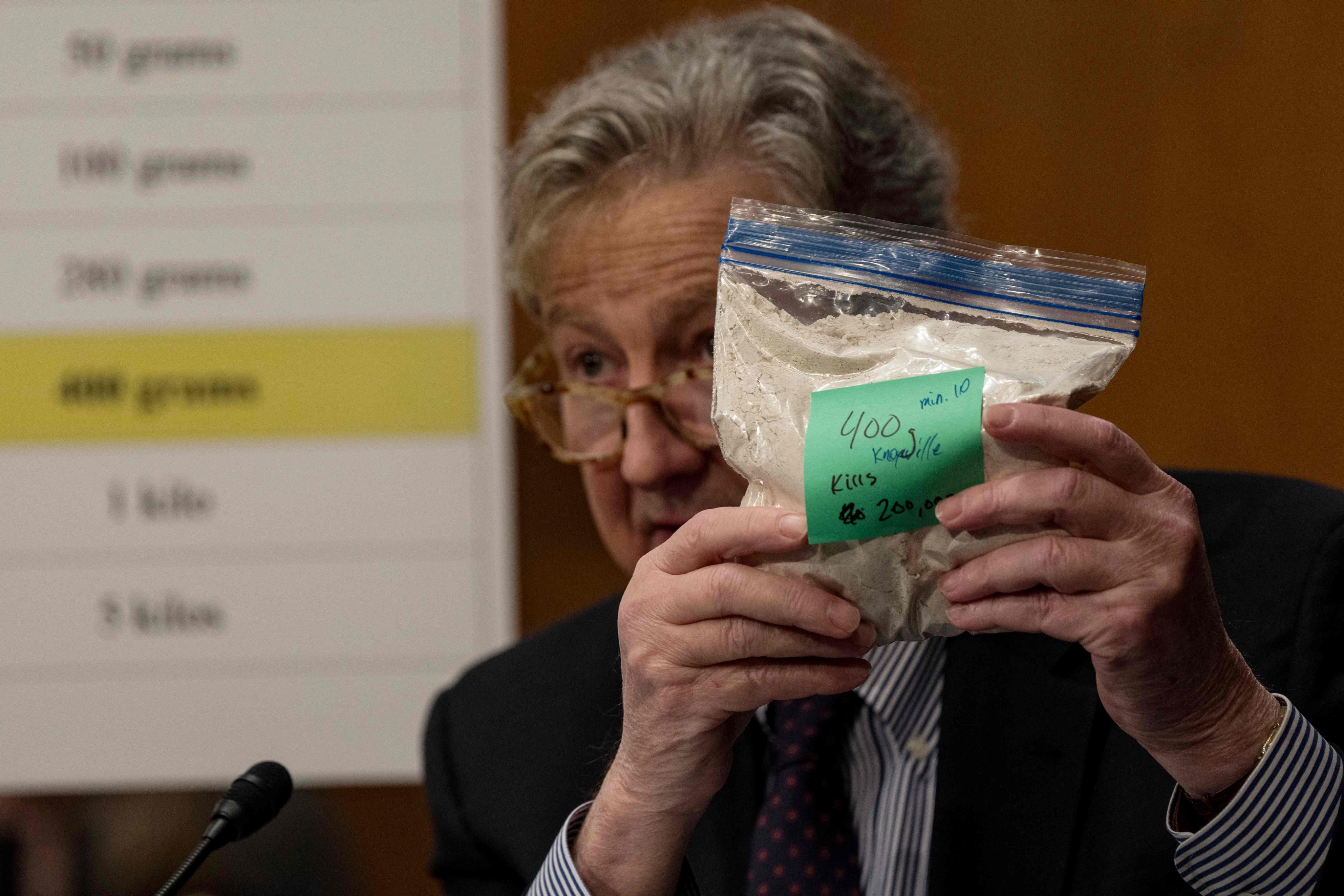 US Senator John Kennedy, Republican of Louisiana, holds up a bag representing 400g of fentanyl as he speaks during a hearing on January 11 in Washington. Photo: Getty Images via AFP
