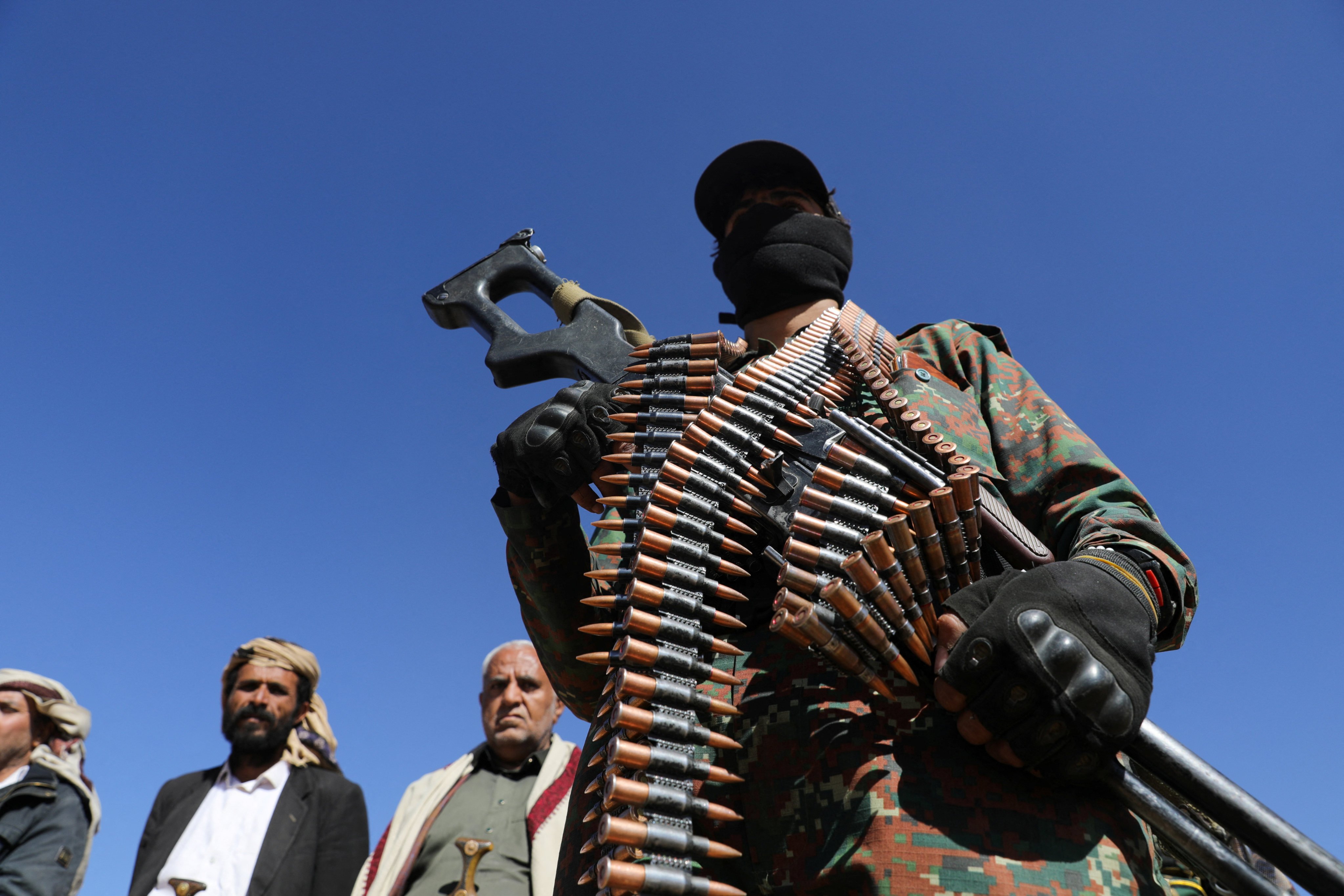 A Houthi policeman takes part in a protest against recent US-led strikes on Houthi targets, near Sanaa, Yemen, on Sunday. Photo: Reuters