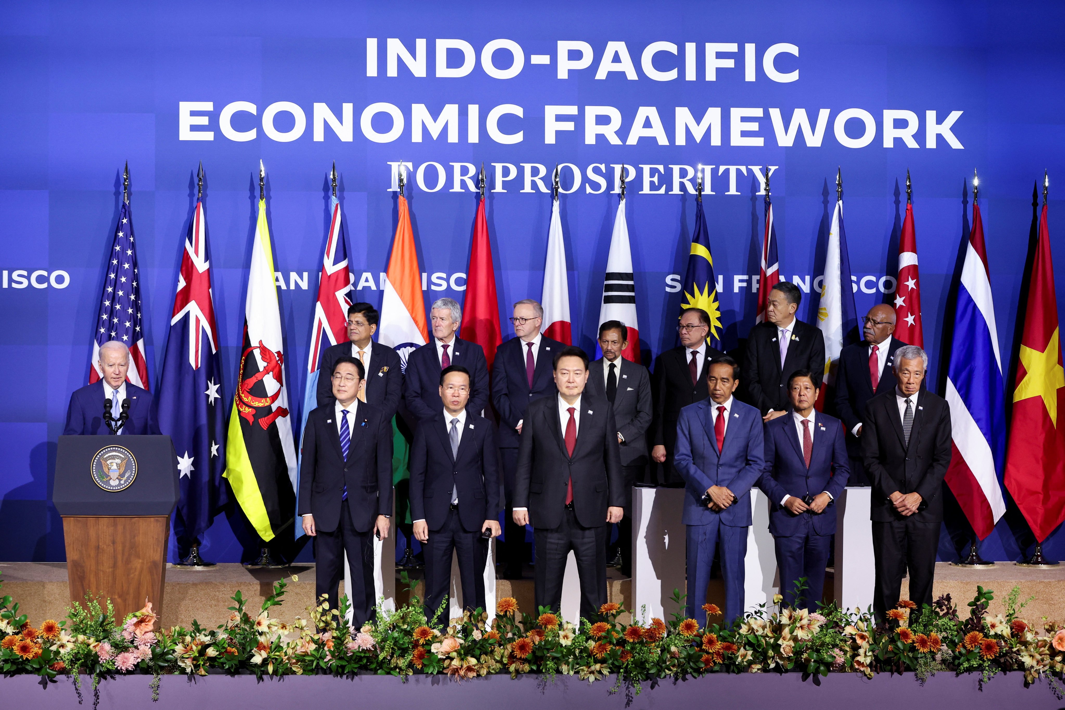US President Joe Biden (left) delivering remarks at an Indo-Pacific Economic Framework event in San Francisco on November 16, 2023. A business group official warned on Wednesday that other IPEF nations were losing interest in the initiative. Photo: Reuters