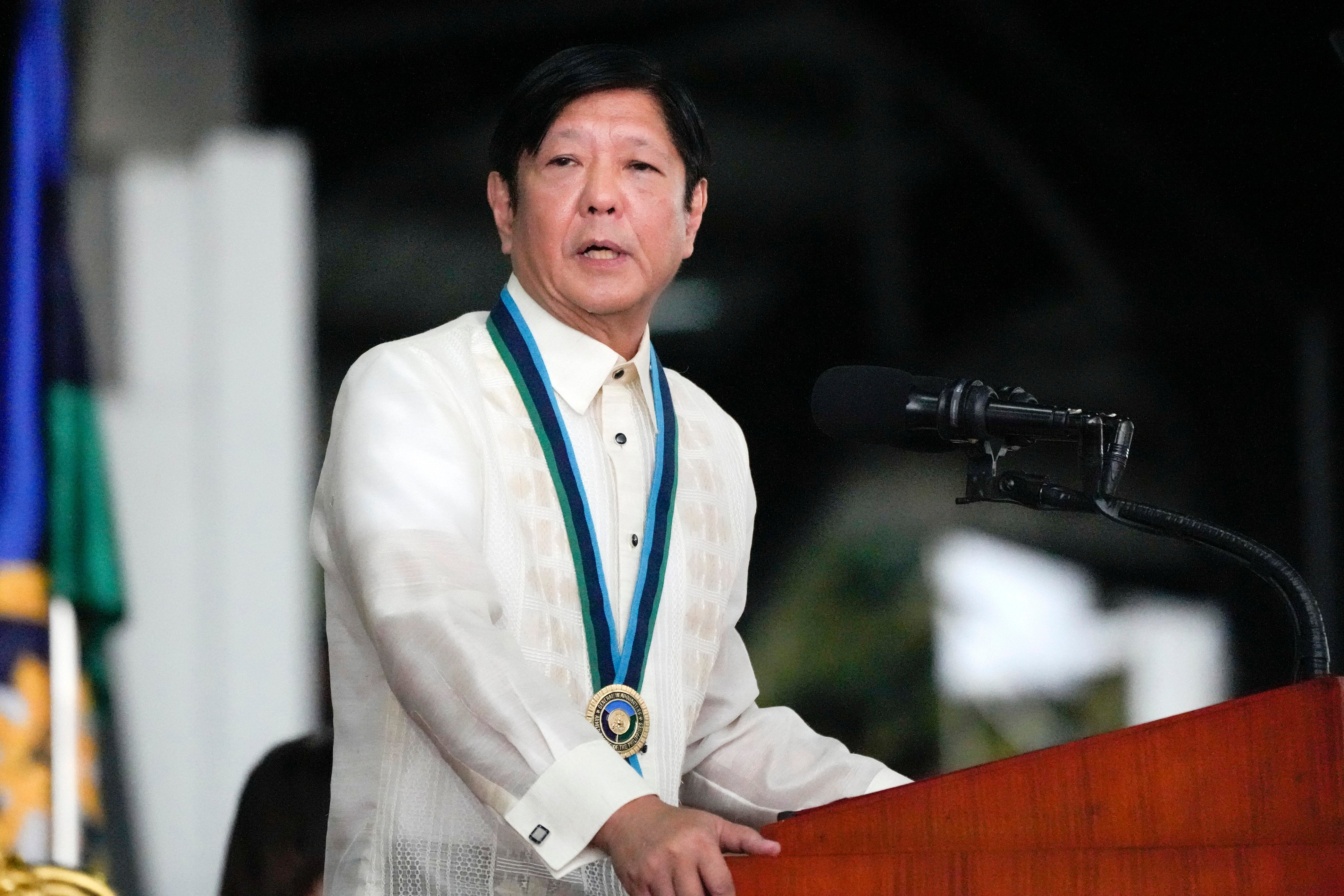 Philippines’ President Ferdinand Marcos Jnr delivers his speech at Camp Aguinaldo military headquarters in Quezon city, Philippines on December 21, 2023. Photo: AP