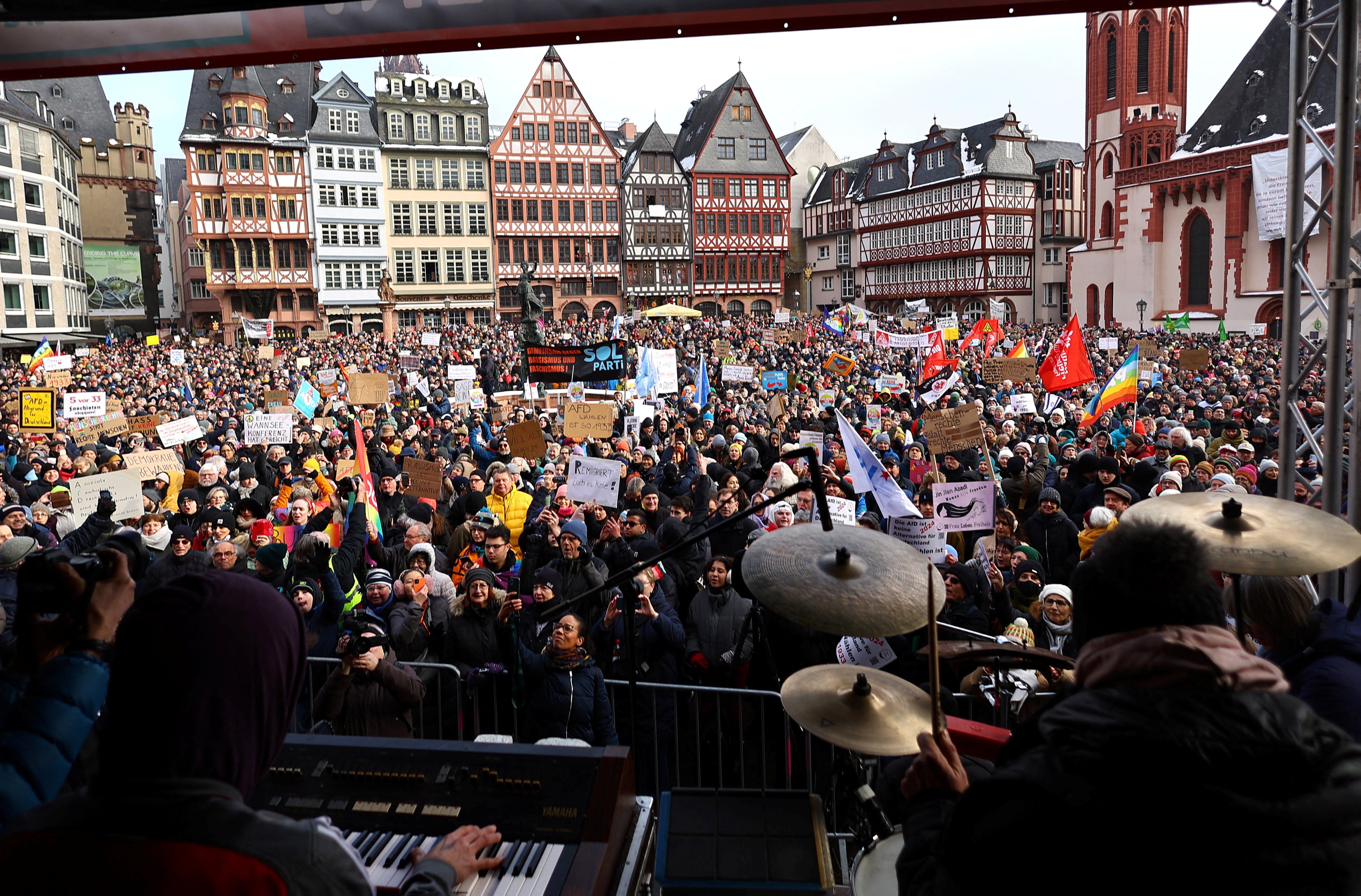 Musicians play as tens of thousands attend a protest against the Alternative for Germany (AfD) party, right-wing extremism and for the protection of democracy in Frankfurt, Germany on Saturday. Photo: Reuters