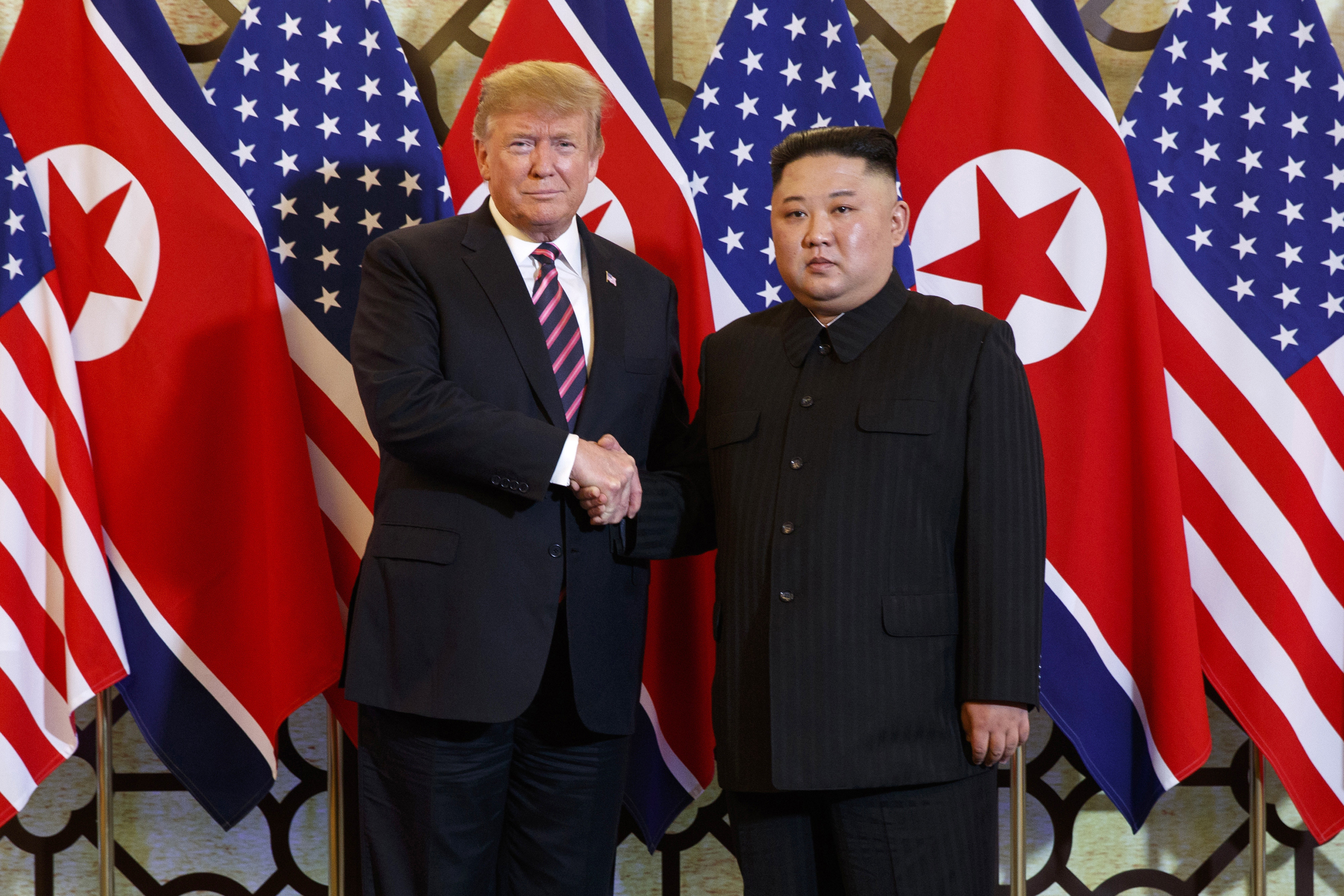 Then US President Donald Trump with North Korean leader Kim Jong-un in Hanoi, Vietnam, in 2019. Haley has accused Trump of writing “love letters” to Kim. Photo: AP
