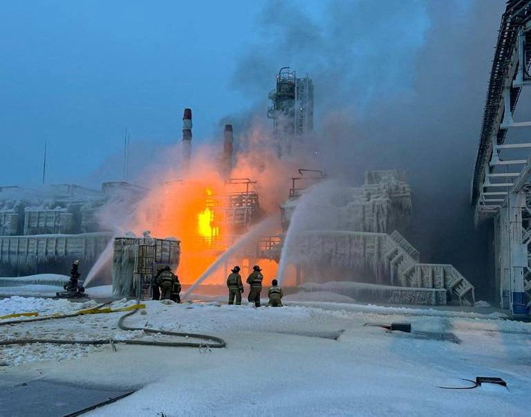Firefighters work to extinguish fire at the Novatek terminal in the port of Ust-Luga, Russia. Photo: Reuters