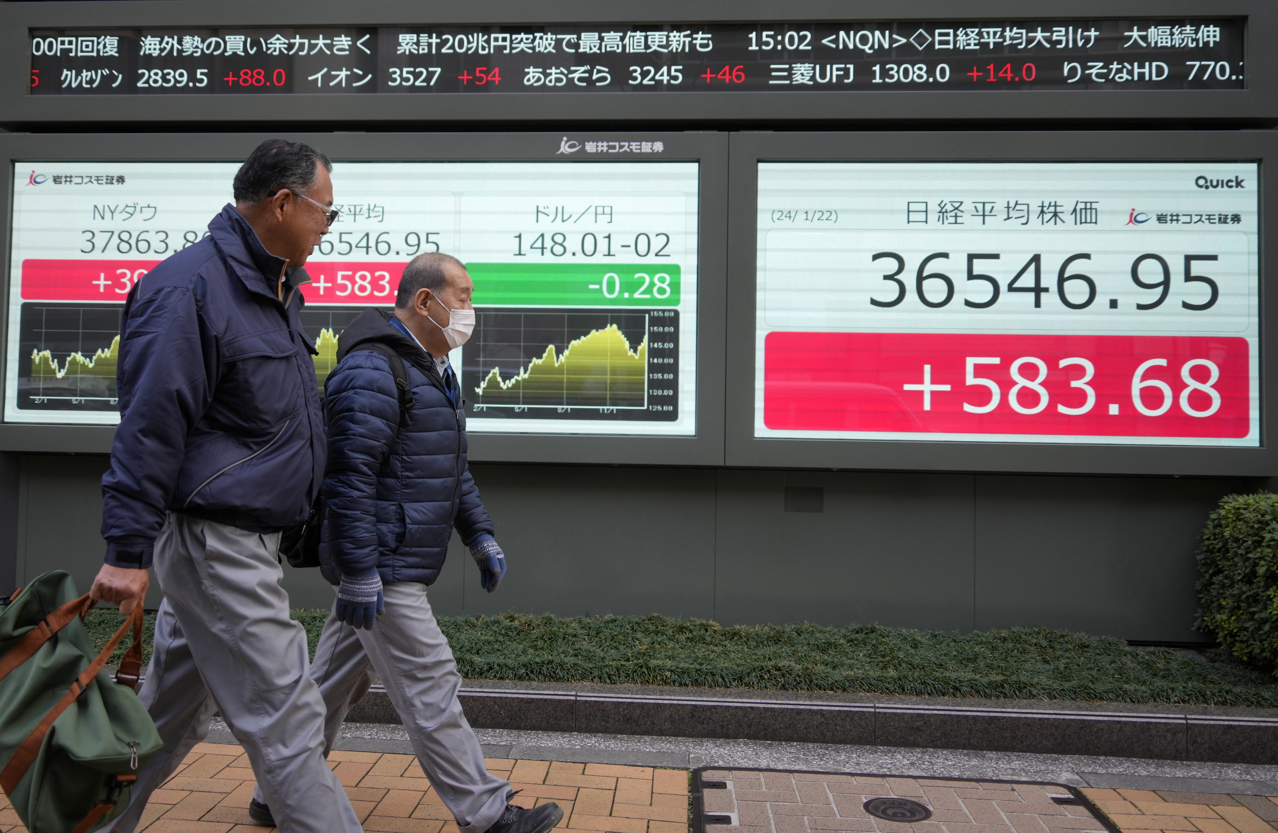 An electronic board shows the Nikkei-225 index, which rose 1.62 per cent on Monday to 36,546.95, its highest since February 1990. Photo: EPA-EFE