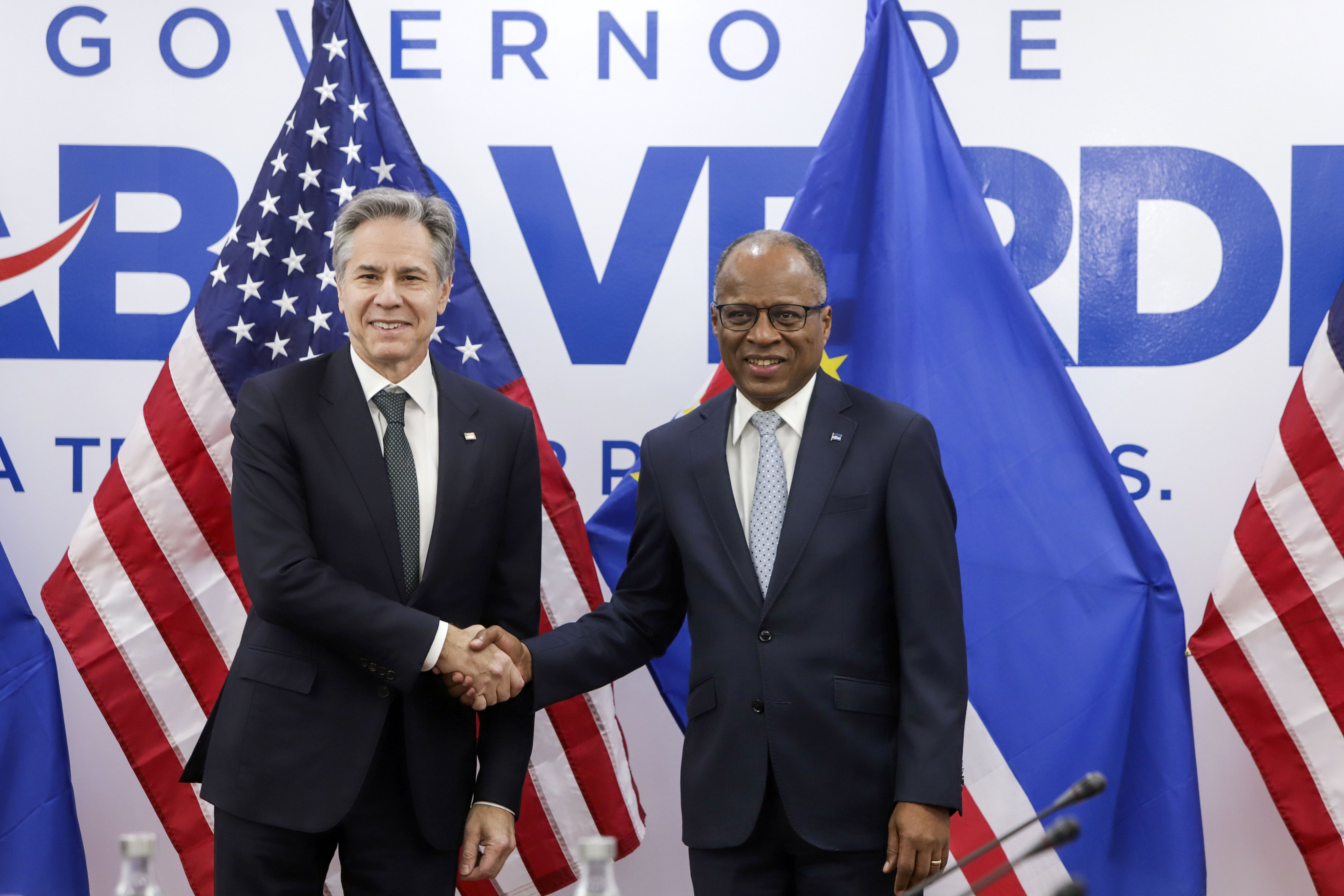 Cape Verde Prime Minister Ulisses Correia e Silva, right, and US Secretary of State Antony Blinken in Praia, Santiago Island, Cape Verde on Monday. Photo: EPA-EFE
