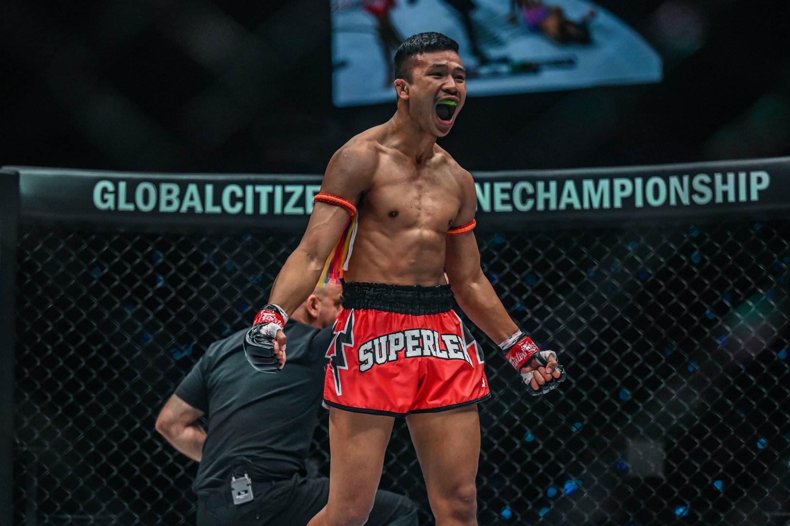 Superlek Kiatmoo9 celebrates beating Walter Goncalves in Singapore during the 2022 ONE on Prime Video 1 event. Photo: ONE Championship