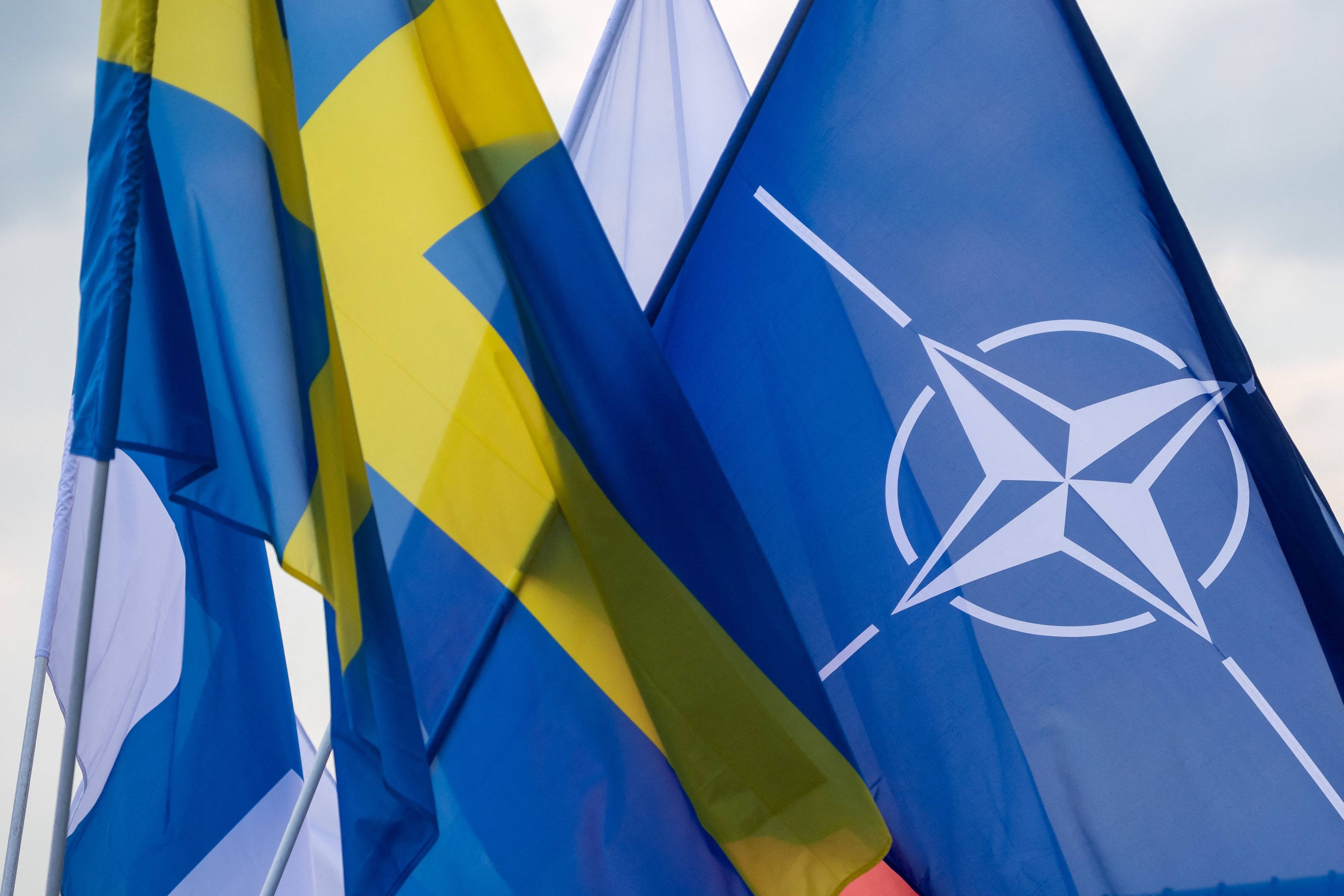 Polish, Swedish, Finnish and Nato flags are seen on the Polish Navy frigate ORP Kosciuszko in Gdynia in July 2023. Photo: AFP