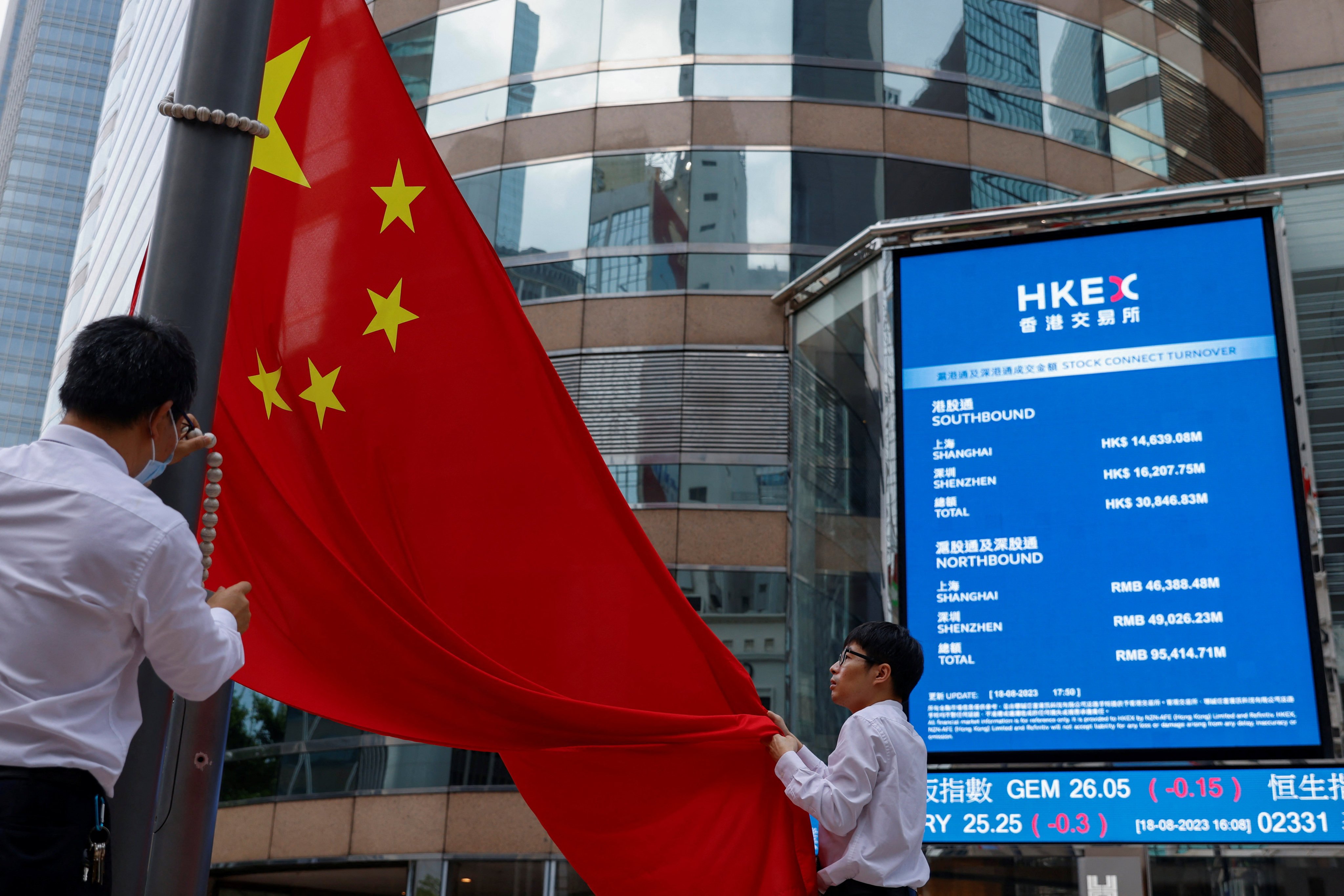 The Chinese national flag in front of screens showing the index and stock prices outside Exchange Square in Central, Hong Kong. Photo: Reuters