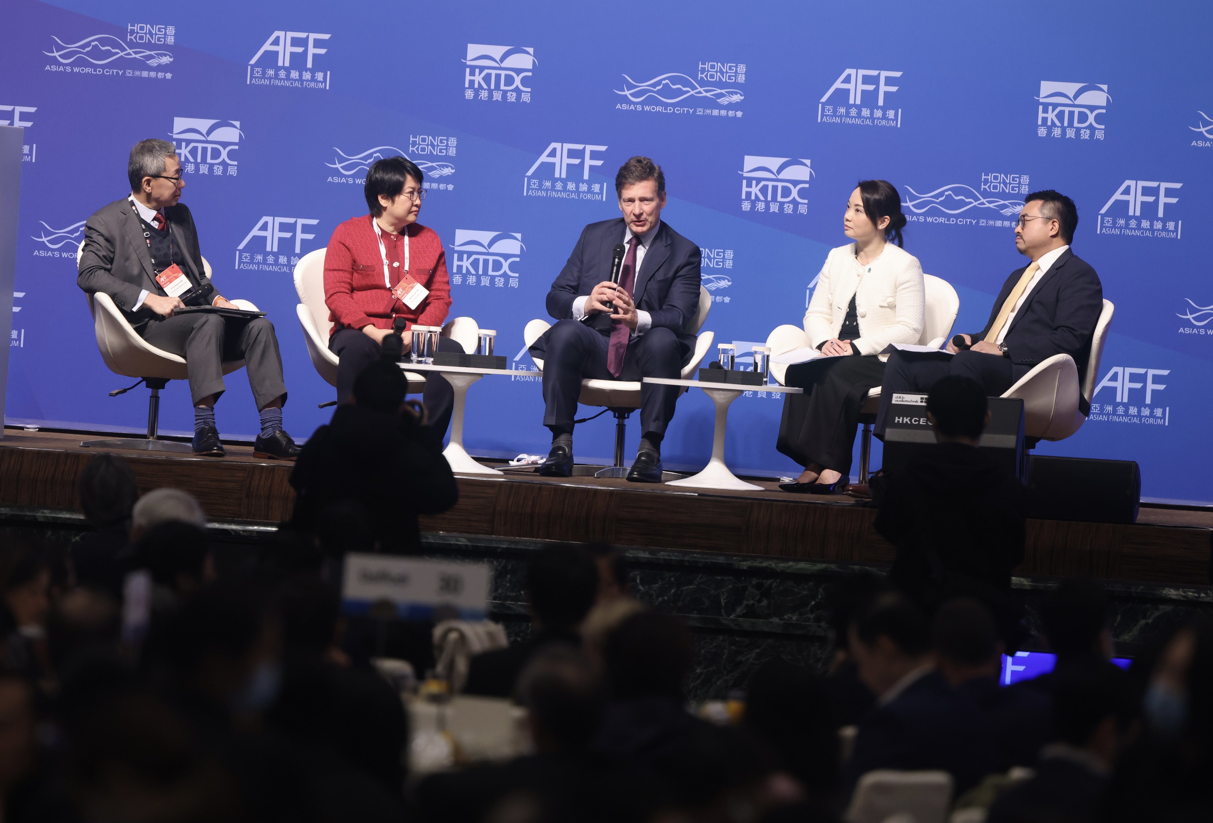A panel discussion on the renminbi’s global use during the second day of the Asian Financial Forum (AFF) on 25 January 2024, featuring (left to right): Moderator Au King-lu, executive director of the Financial Services Development Council, Ding Chen, CEO of CSOP Asset Management, Nicolas Macket, CEO of Luxembourg for Finance, Karen Ng, managing director, China opening and RMB internationalisation of Standard Chartered, and Edward Lau Fu-keung, chief financial officer of New World Development. Photo: Jonathan Wong