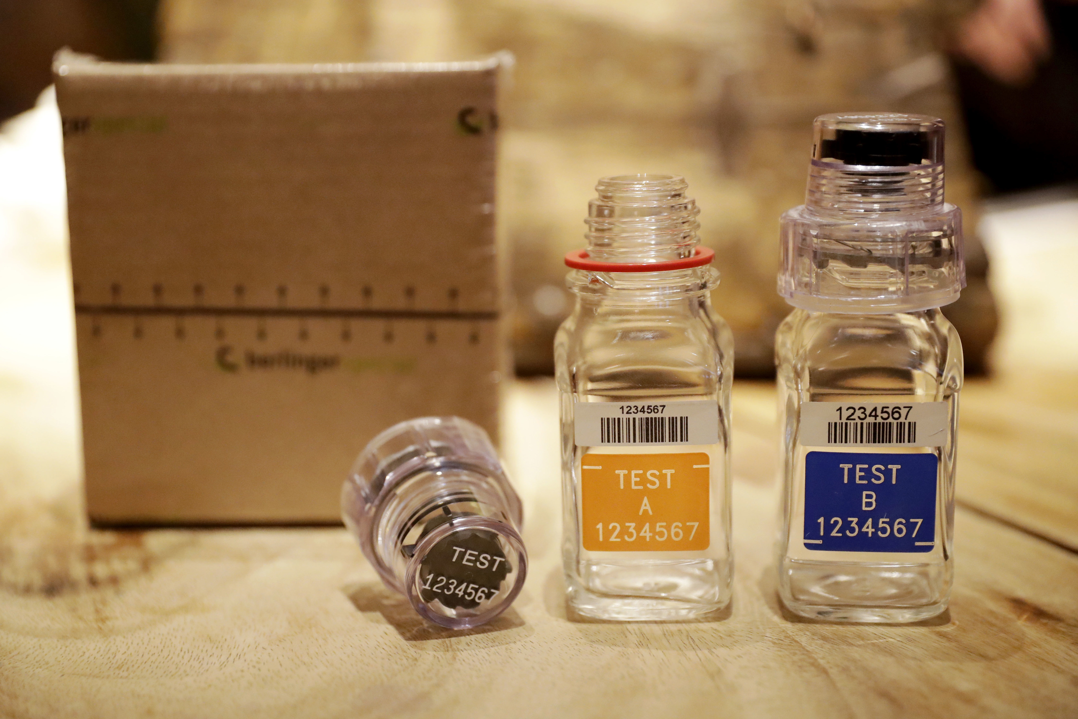 Doping test kit with A and B sample bottles. Photo: AP