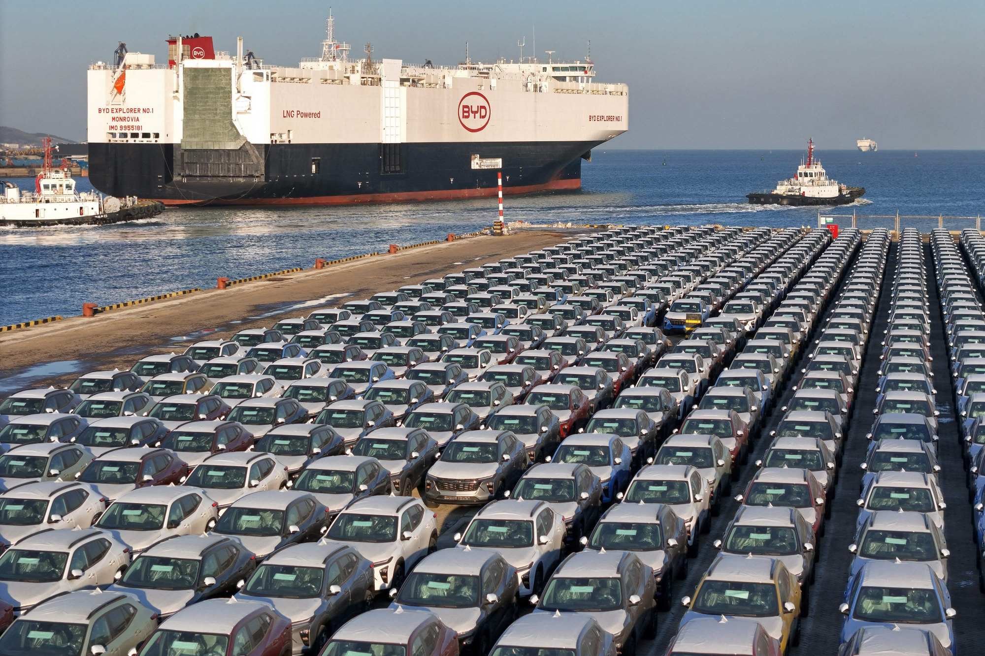 Electric cars wait to be loaded on the BYD Explorer No.1, a domestically manufactured vessel for exporting Chinese cars, at Yantai port in eastern China’s Shandong province on January 10, 2024. Photo: AFP