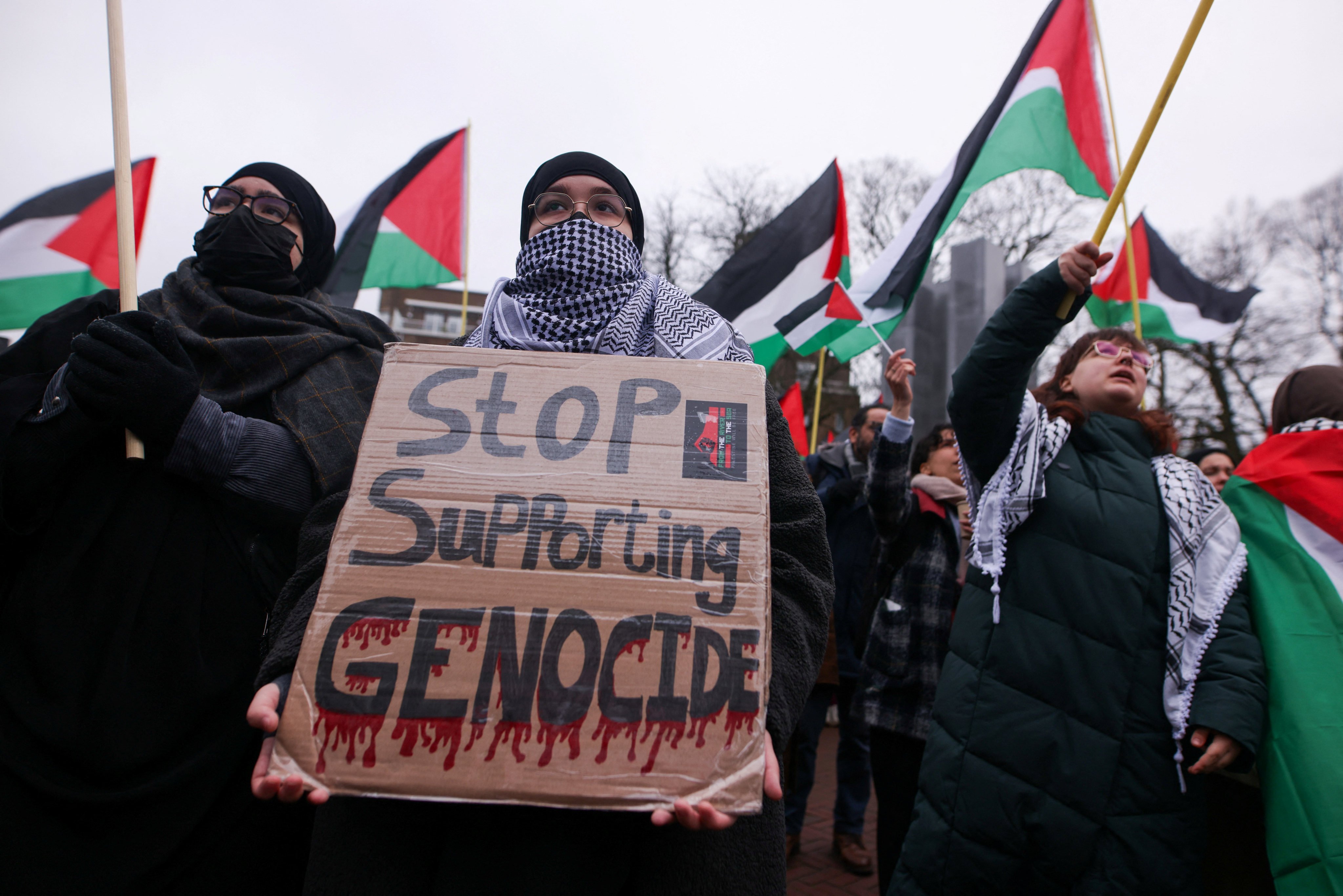 Pro-Palestinian protesters gather near the International Court of Justice on January 12. Photo: Reuters
