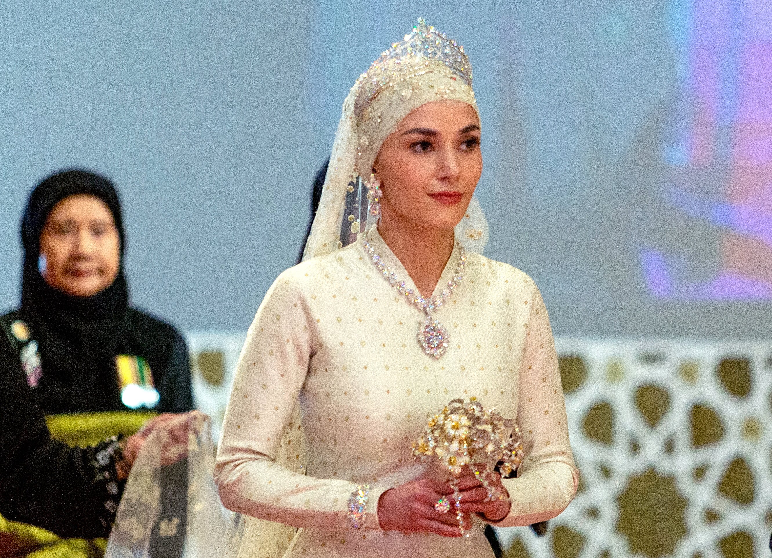 Brunei Princess Anisha Rosnah at her wedding ceremony at Istana Nurul Iman, Bandar Seri Begawan, on January 14. Prince Abdul Mateen weds his fiancee in a lavish 10-day celebration. Photo: EPA-EFE