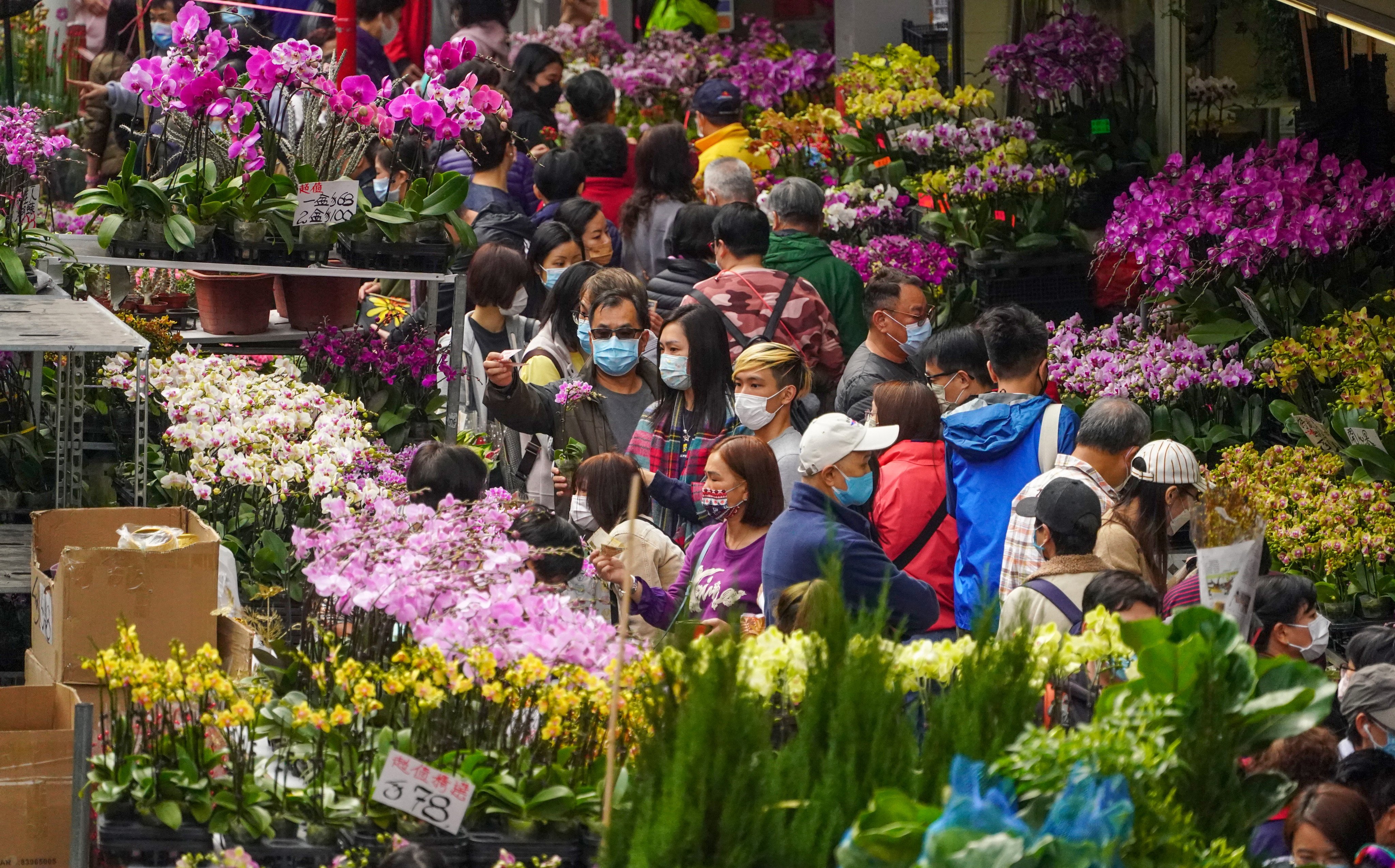 People flock to the Mong Kok Flower Market for Lunar New Year blooms. Photo: Felix Wong