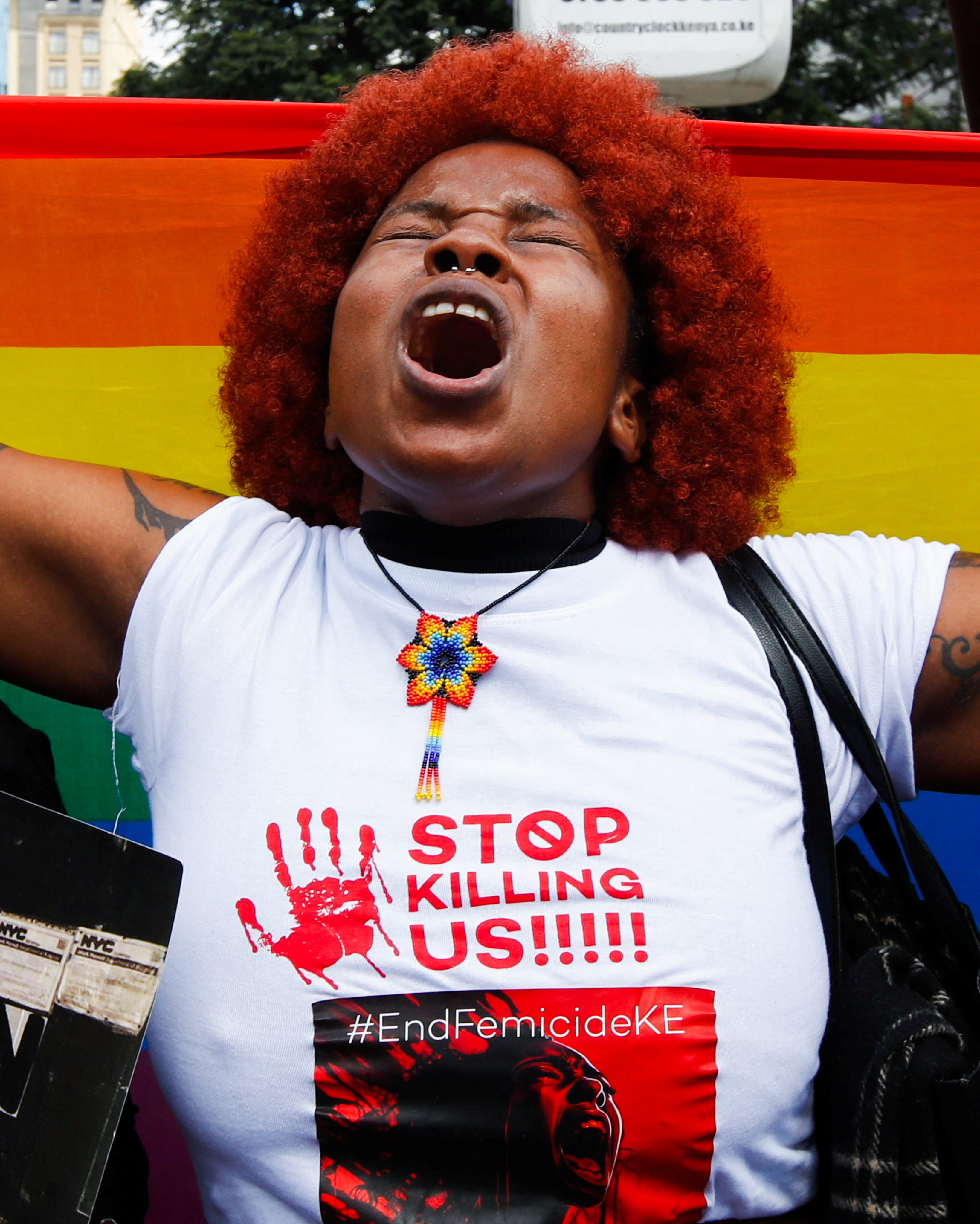 A human rights activist at a protest on Saturday in Nairobi, Kenya, demanding an end to femicide. Photo: Reuters