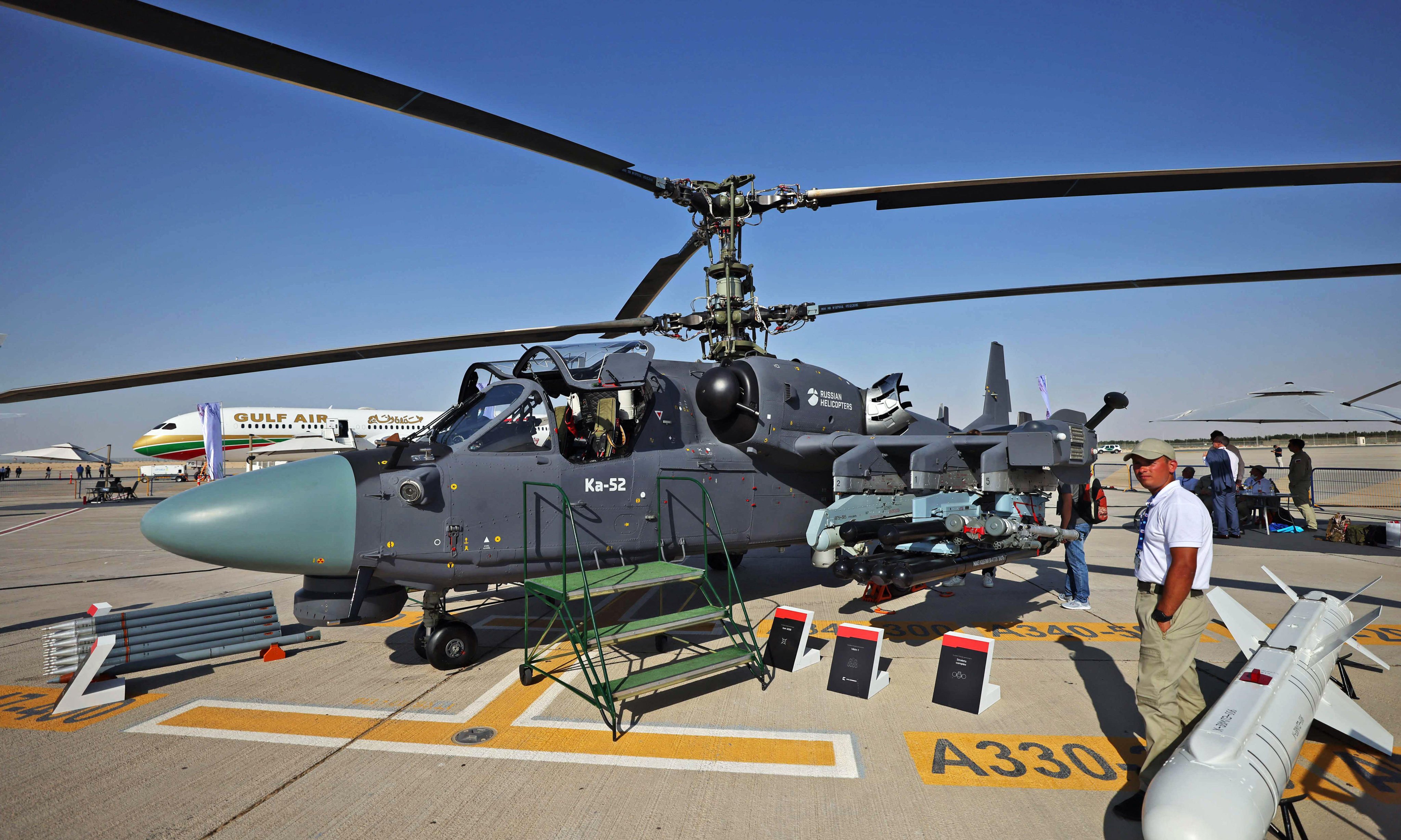 A Russian Kamov Ka-52 helicopter on the tarmac at the 2021 Dubai Airshow in the Gulf emirate. Photo: AFP