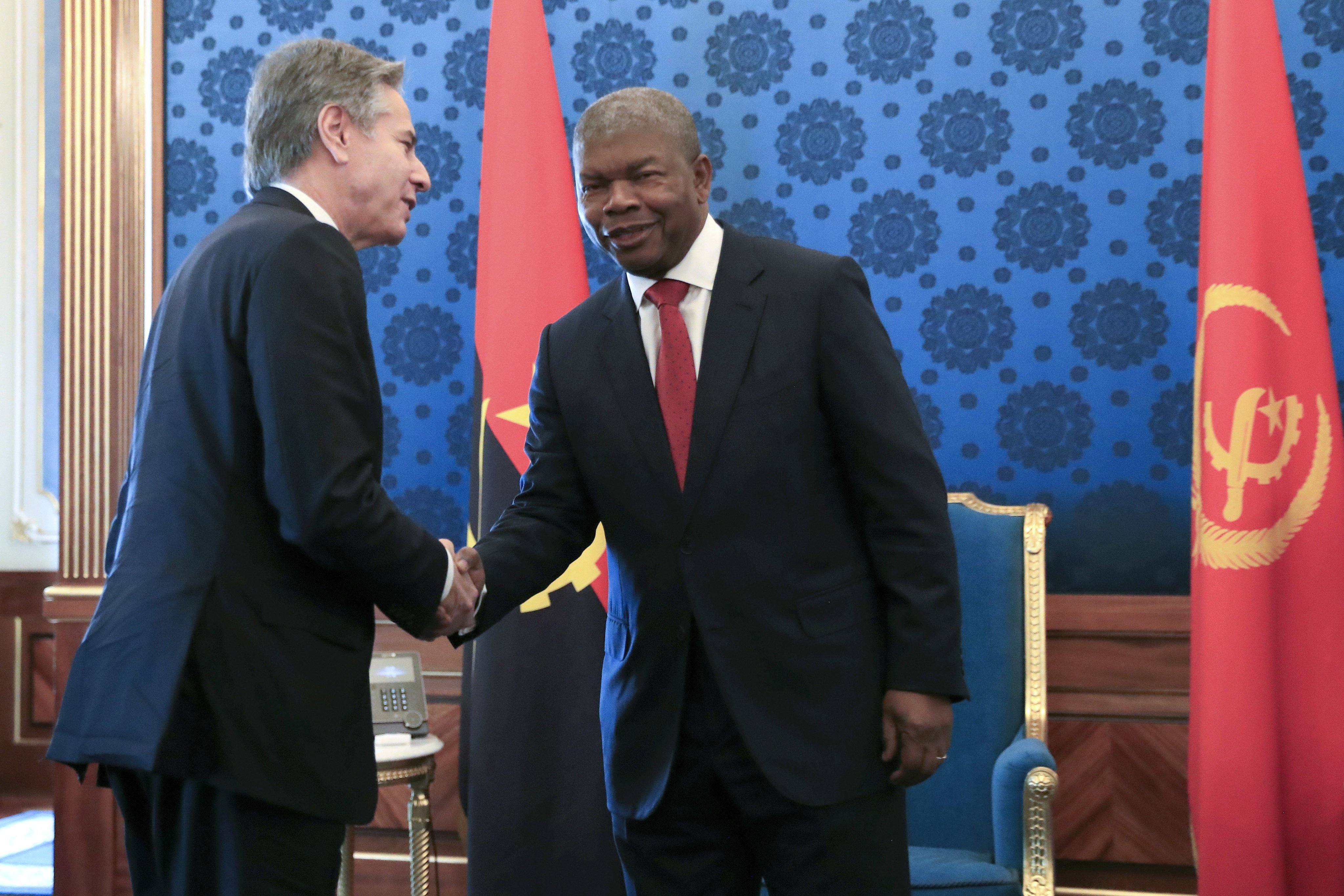 Angolan President Joao Lourenco  welcomes US Secretary of State Antony Blinken ahead of talks in the capital Luanda last week. Blinken’s four-nation Africa tour also included stops at Cabo Verde, Ivory Coast and Nigeria.  Photo: EPA-EFE 