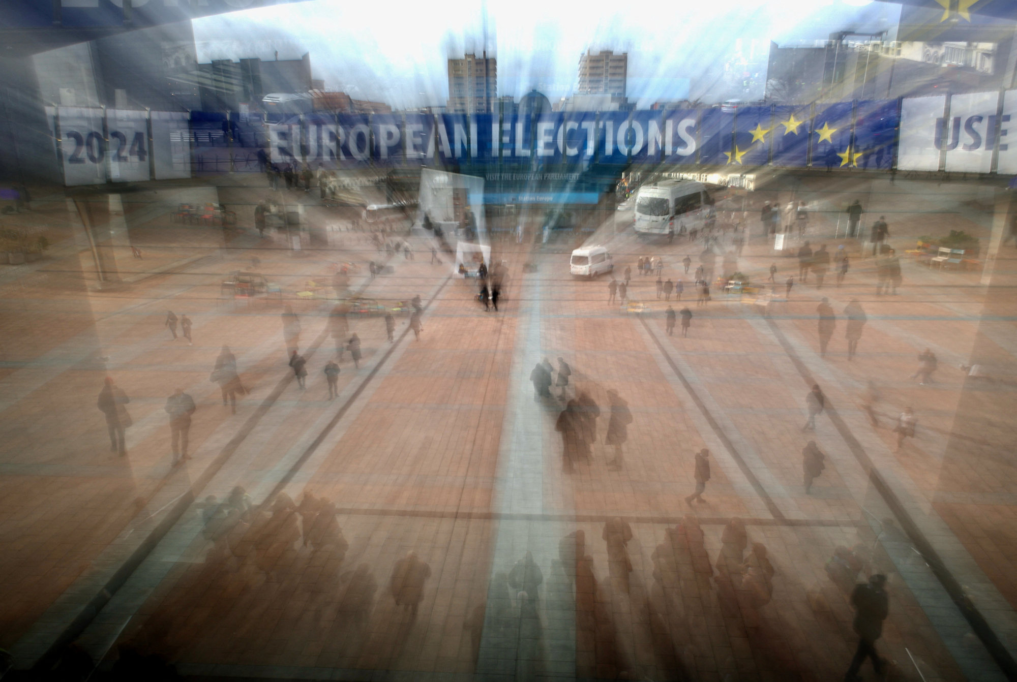 People are seen outside the European Parliament in Brussels, Belgium, on January 24. A leadership change in the parliament, following June elections, could affect implementation of the EU’s economic security strategy. Photo: Reuters