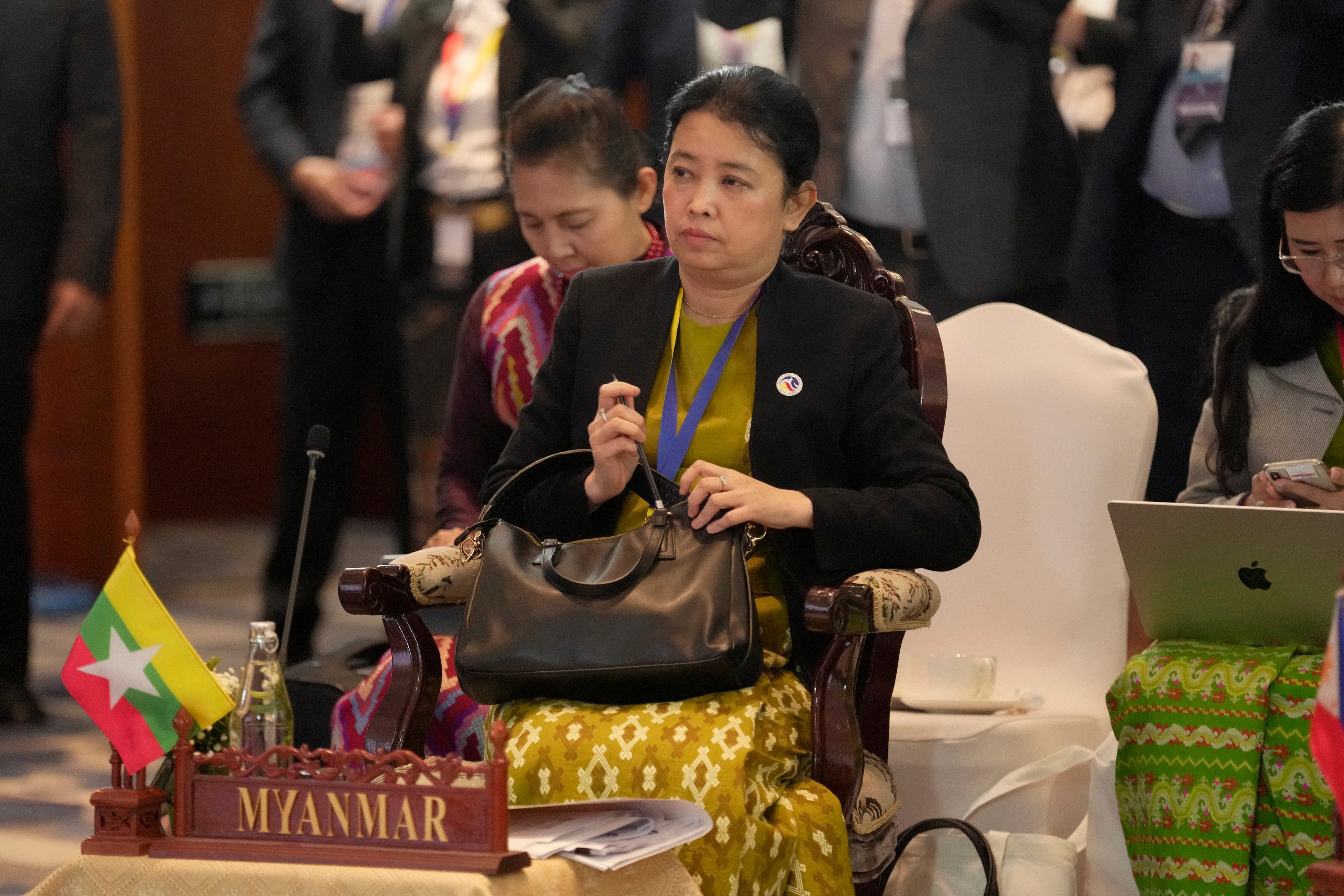 Myanmar’s Asean Permanent Secretary Marlar Than Htike attends the bloc’s foreign ministers meeting in Laos on Monday. Photo: AP