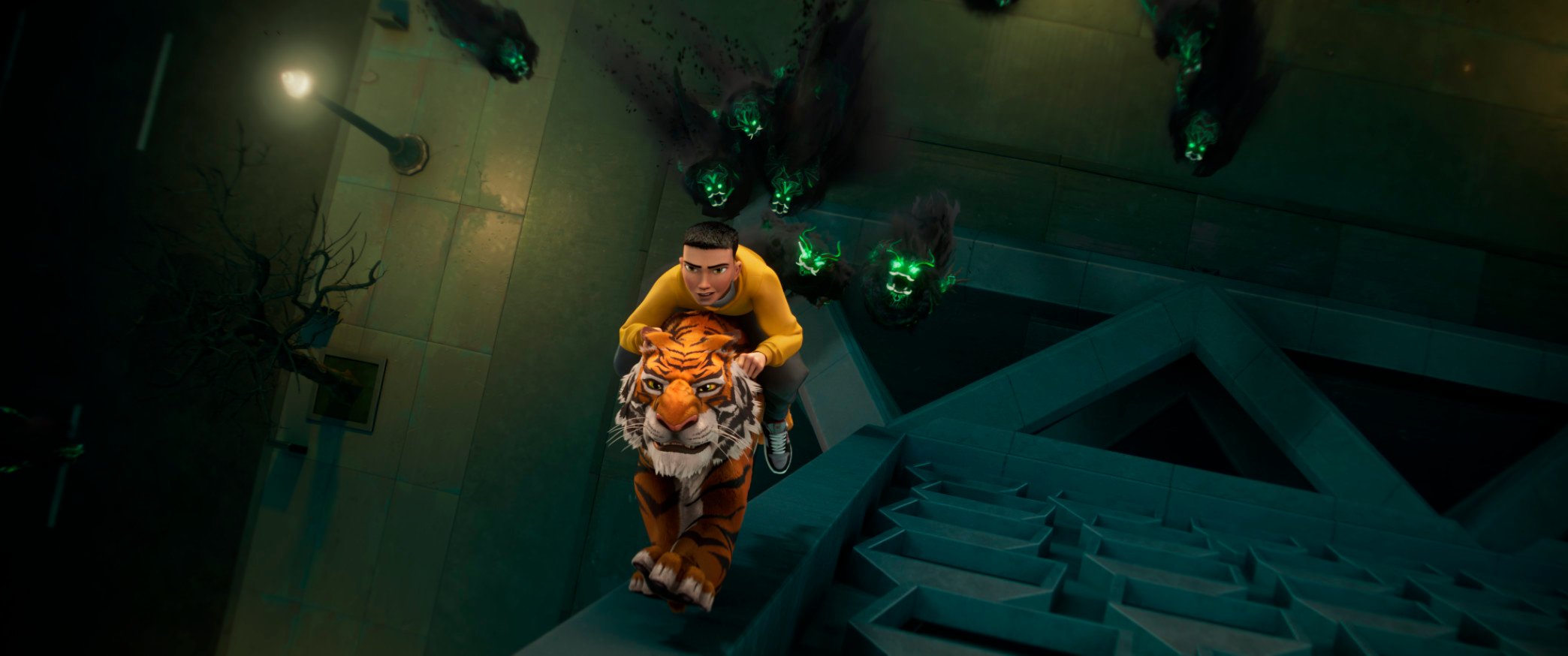 Tom (voiced by Brandon Soo Hoo) and Mr Hu the tiger (Henry Golding) in a still from “The Tiger’s Apprentice”, a new fantasy animation directed by Raman Hui and co-starring the voice of Michelle Yeoh. Photo: Paramount Pictures/Paramount+