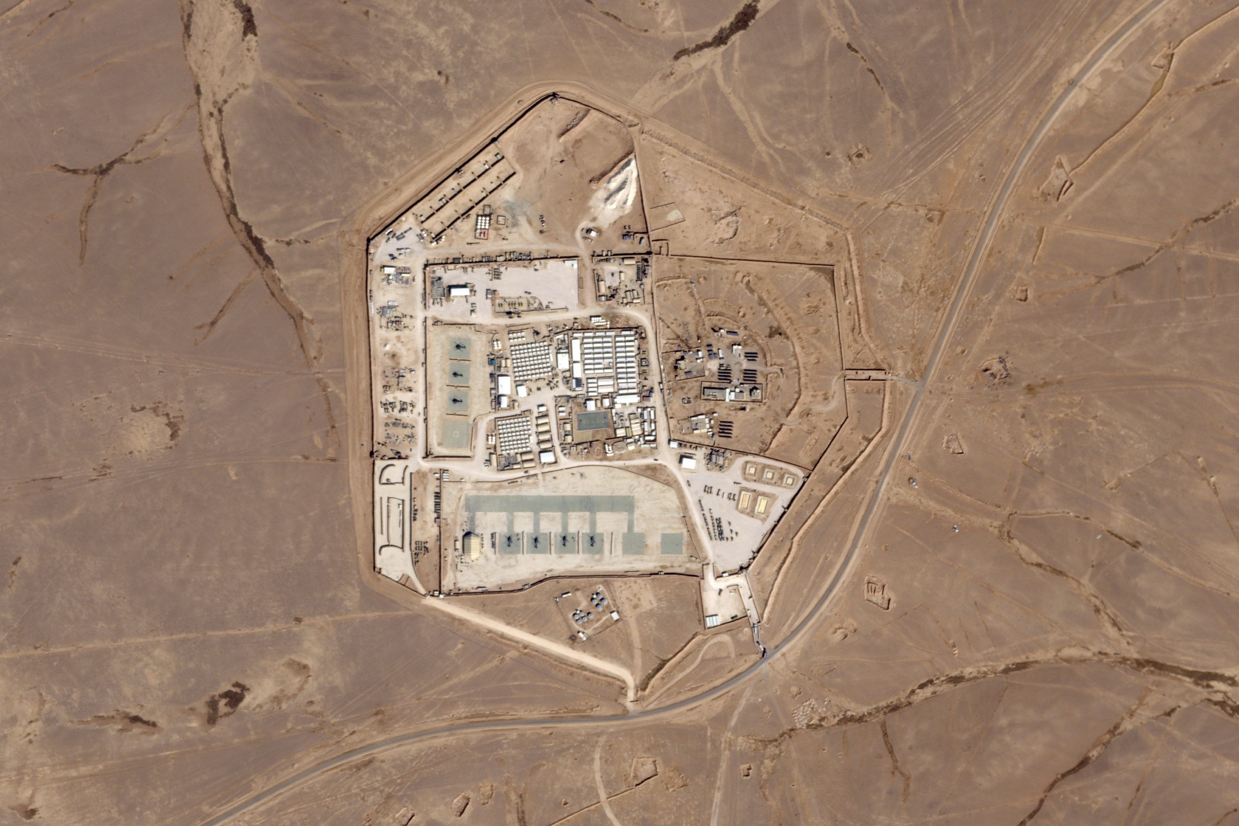 This satellite photo shows a military base known as Tower 22 in northeastern Jordan, where the drone attack occurred. Photo: Planet Labs PBC via AP