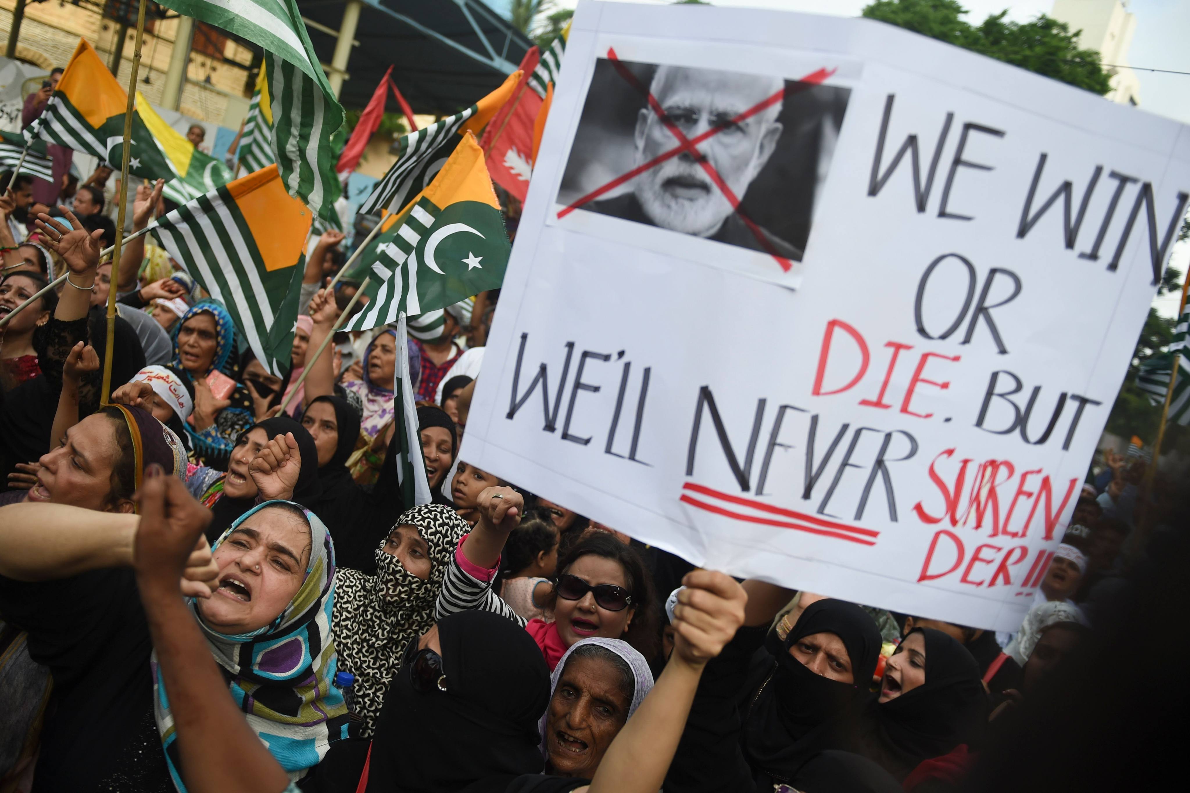 Kashmiri women march during an anti-India protest rally in Karachi in August 2019. Photo: AFP