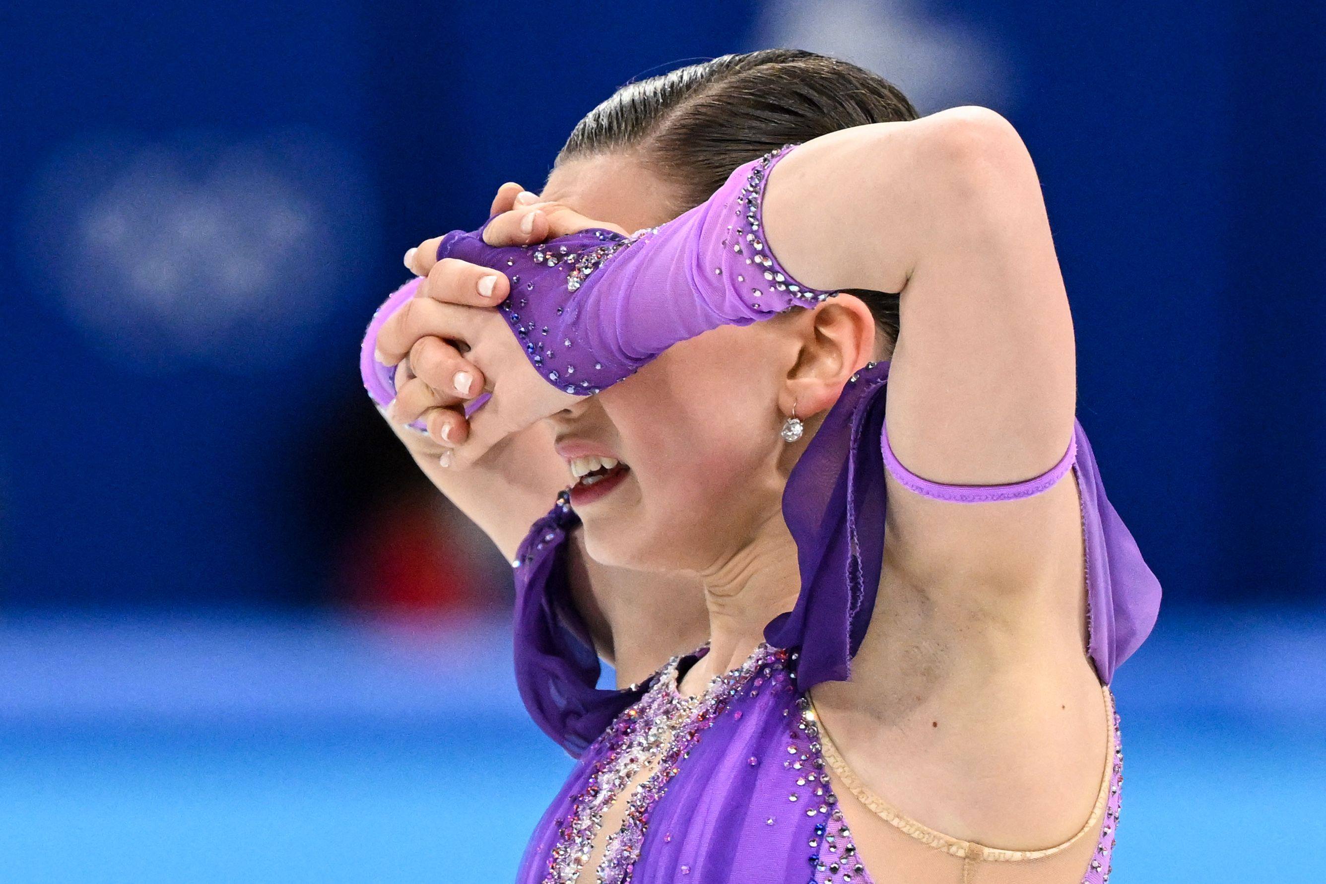 Russia’s Kamila Valieva reacts after competing in the women’s single skating short programme Beijing Winter Olympics. Photo: AFP