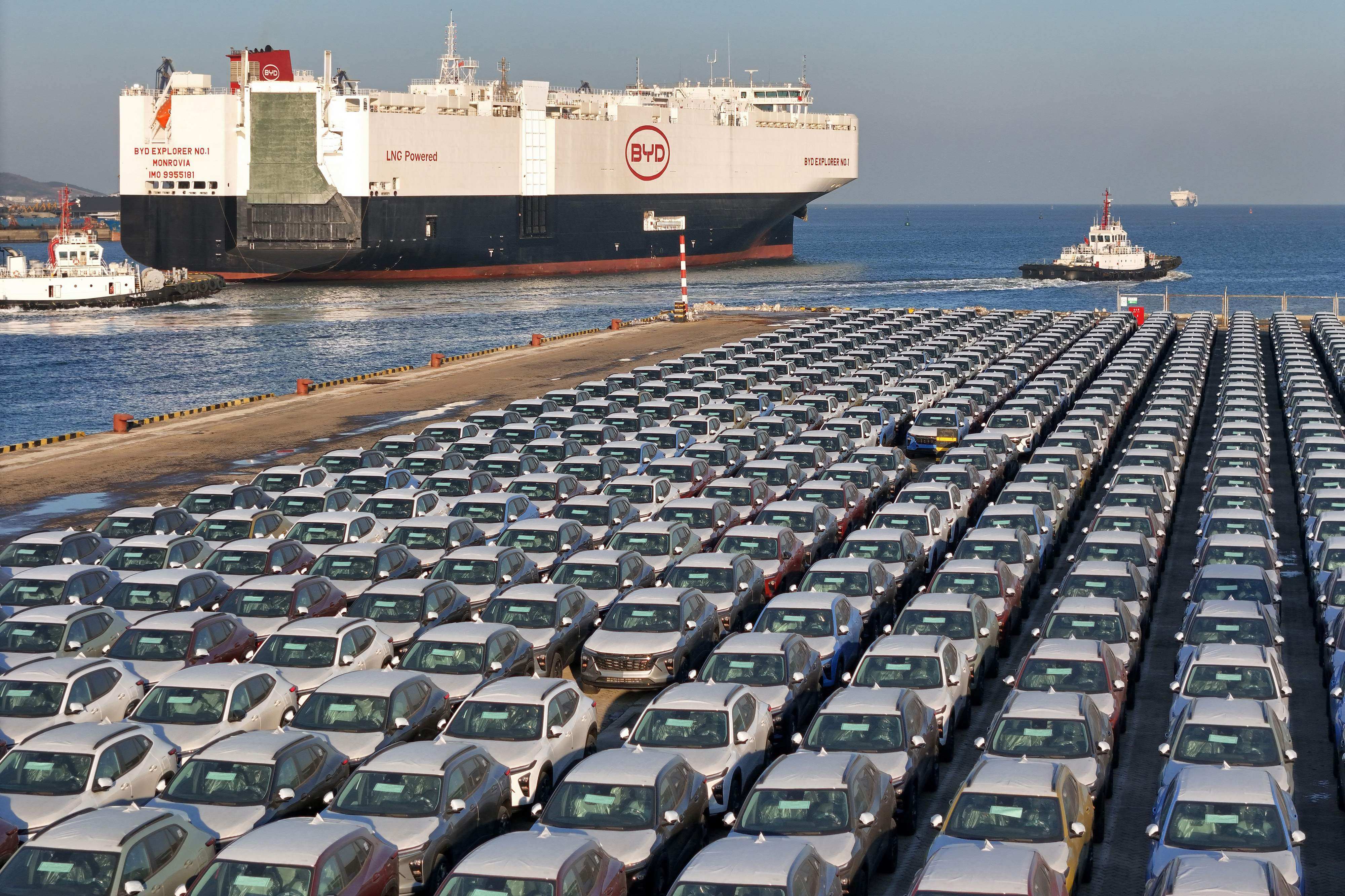 BYD electric cars for export waiting to be loaded onto a vessel at Yantai port in eastern China’s Shandong province. Photo: AFP