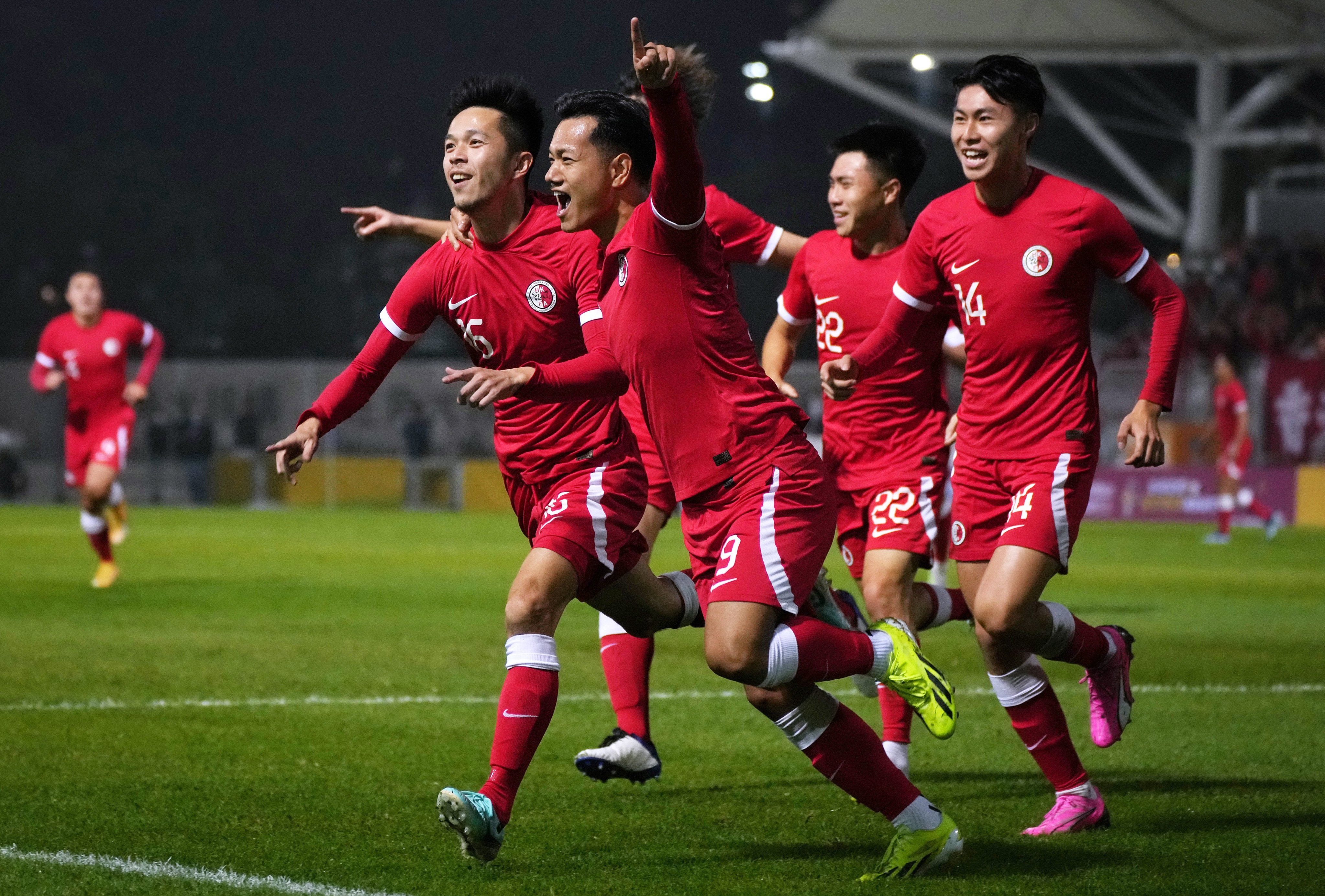 Hong Kong players celebrate Philip Chan’s (left) goal against a Guangdong XI at Mong Kok Stadium. Photo: Elson Li