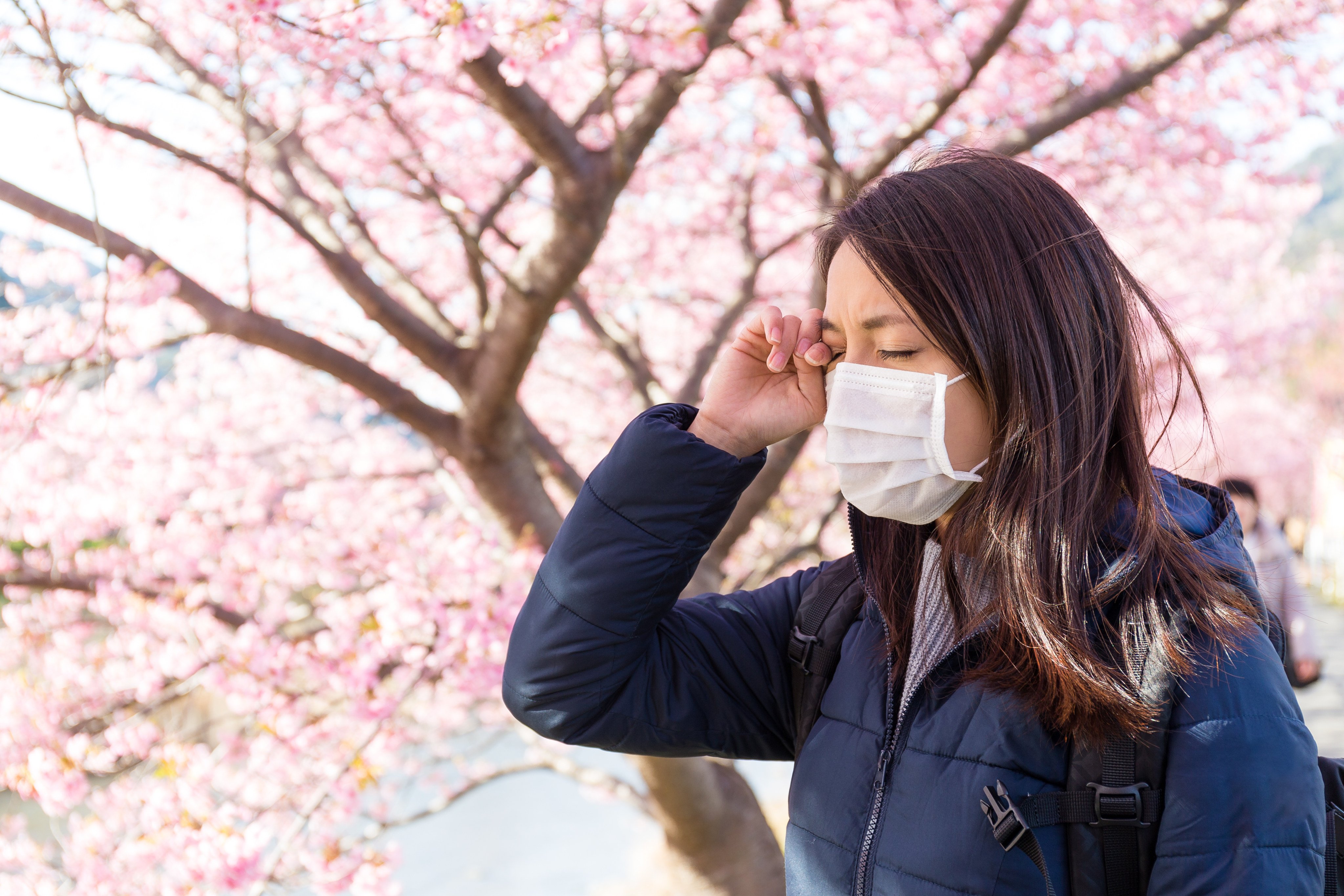 A woman wears a mask to guard against cedar allergies. Photo: Shutterstock