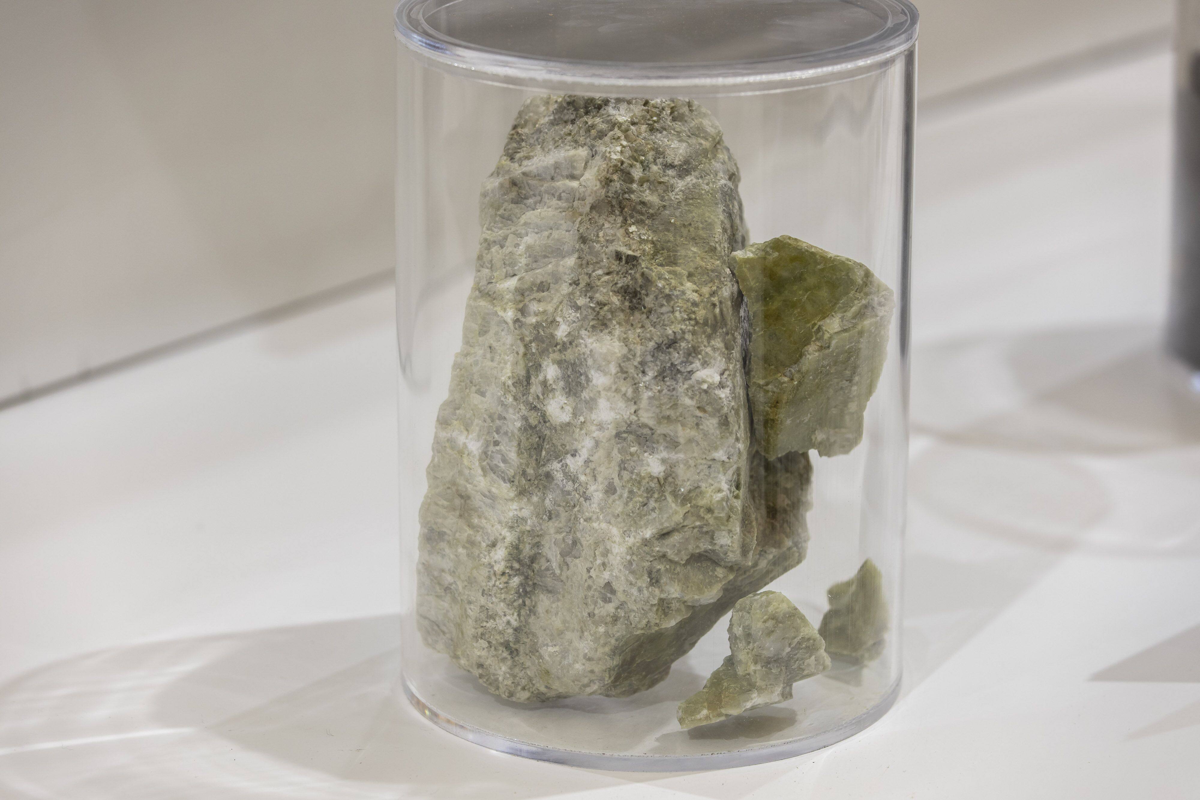 A sample of lithium ore on display at the International Energy Storage Technology, Equipment, and Application Conference in Shanghai on November 1, 2023. Photo: Bloomberg