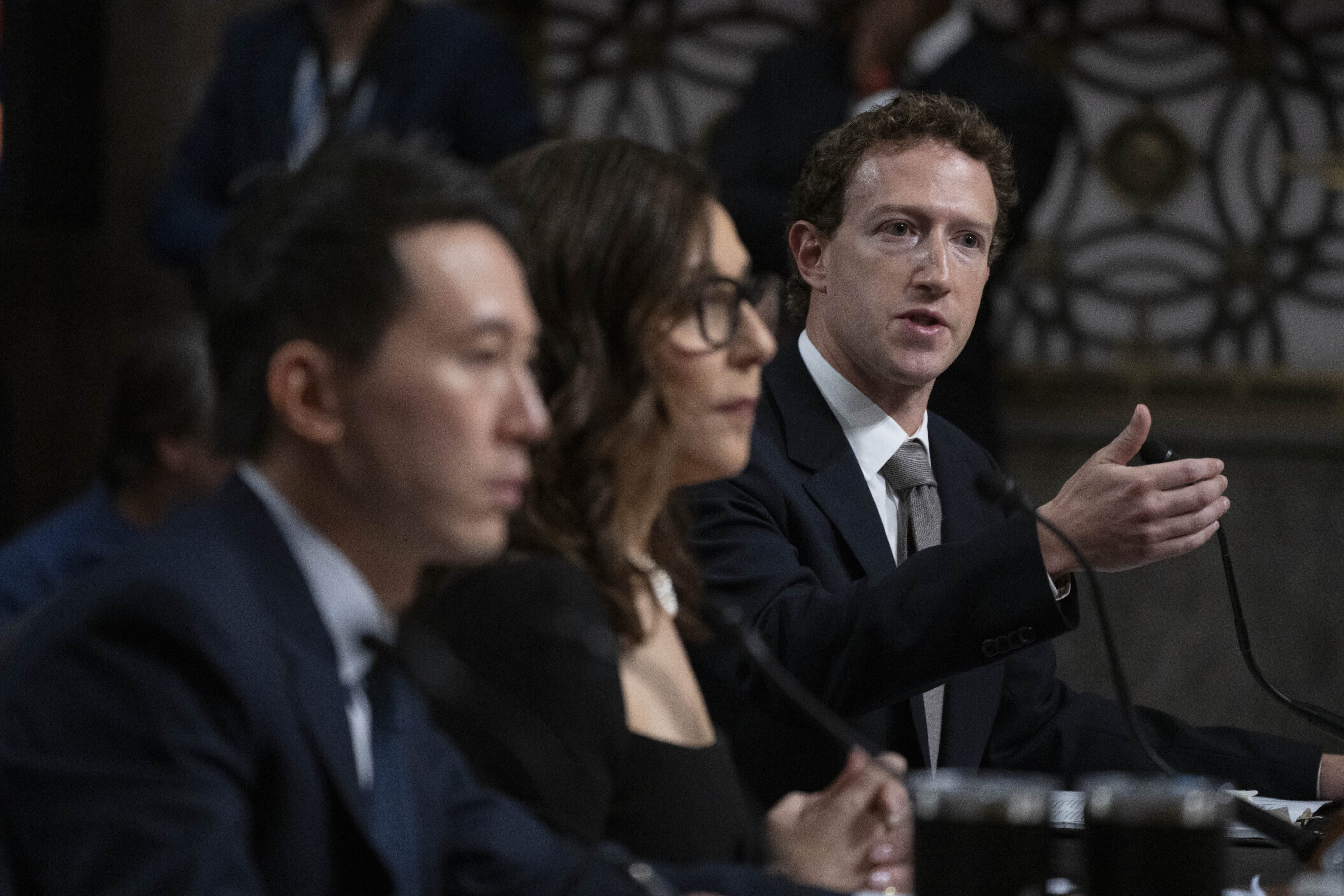 (From right) Meta CEO Mark Zuckerberg, with X CEO Linda Yaccarino and TikTok CEO Chew Shou Zi, testifies before a Senate Judiciary Committee hearing on Capitol Hill on Wednesday. Photo: AP