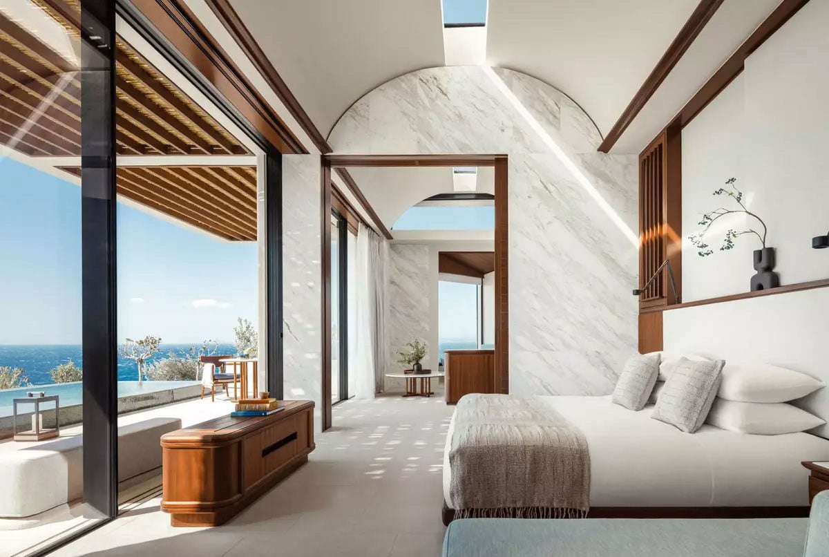 Whitewashed stone rooms at One&Only Kea Island, Greece. Photo: One&Only Kea Island