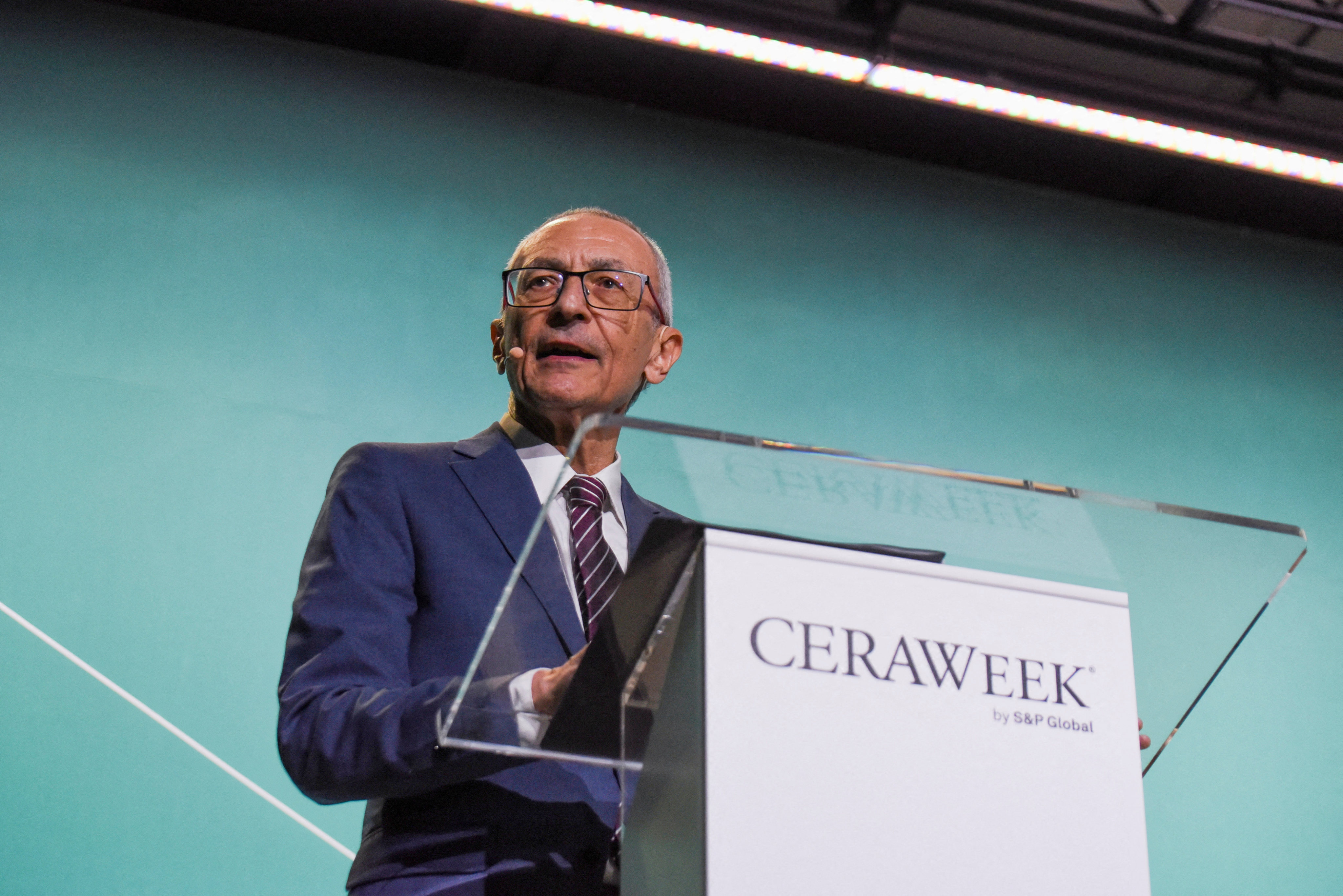 John Podesta, the White House senior adviser for clean energy, delivers a speech during the CERAWeek energy conference in Houston, Texas, in March 2023. Photo: Reuters