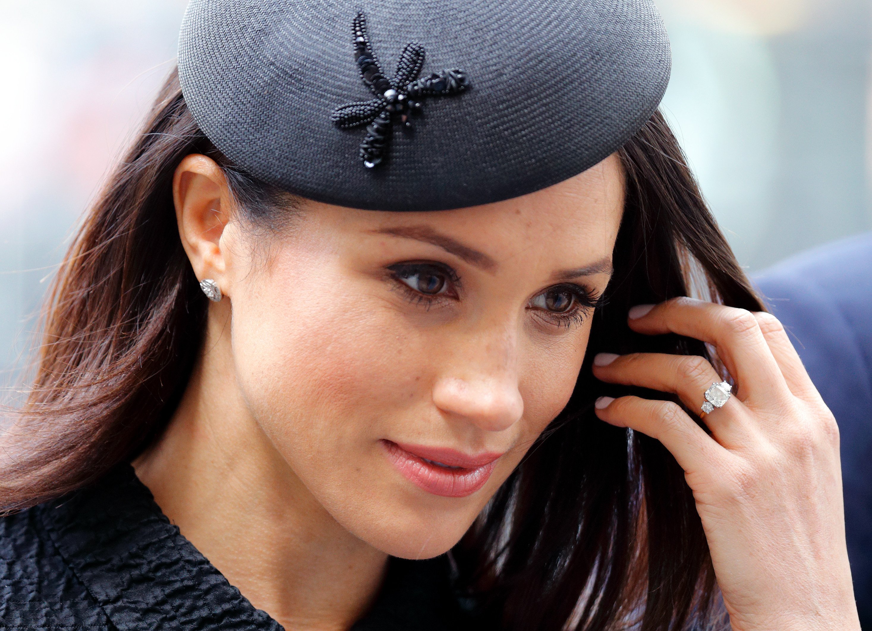 Meghan Markle shows off her modified engagement ring at an Anzac Day service at Westminster Abbey in April 2018 in London. Photo: Indigo/Getty Images