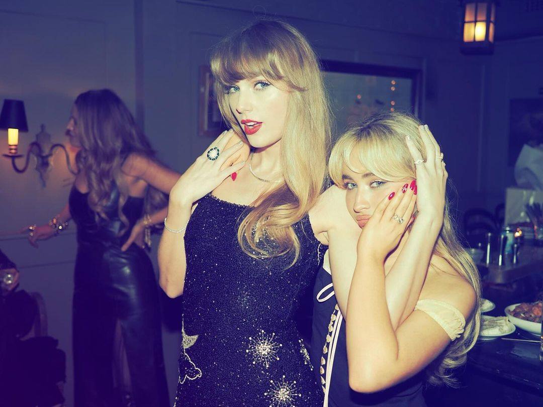 Taylor Swift at her 34th birthday party in New York with Sabrina Carpenter and wearing an opal ring. Photo: @taylorswift/Instagram