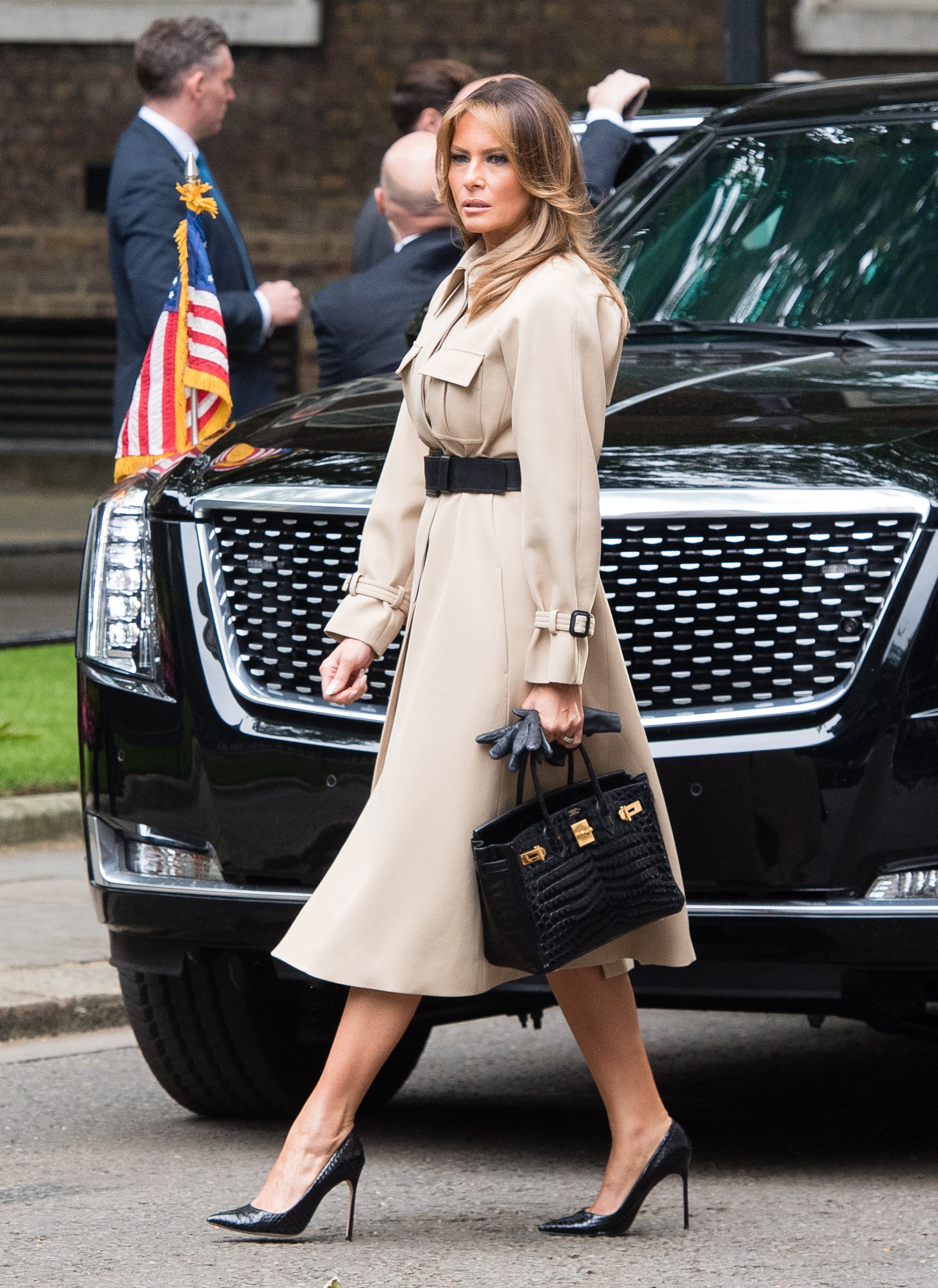 Melania Trump went with a military vibe via pieces from big-label luxury houses on a visit to Number 10 Downing Street during a 2019 state visit to Britain. Photo: WireImage