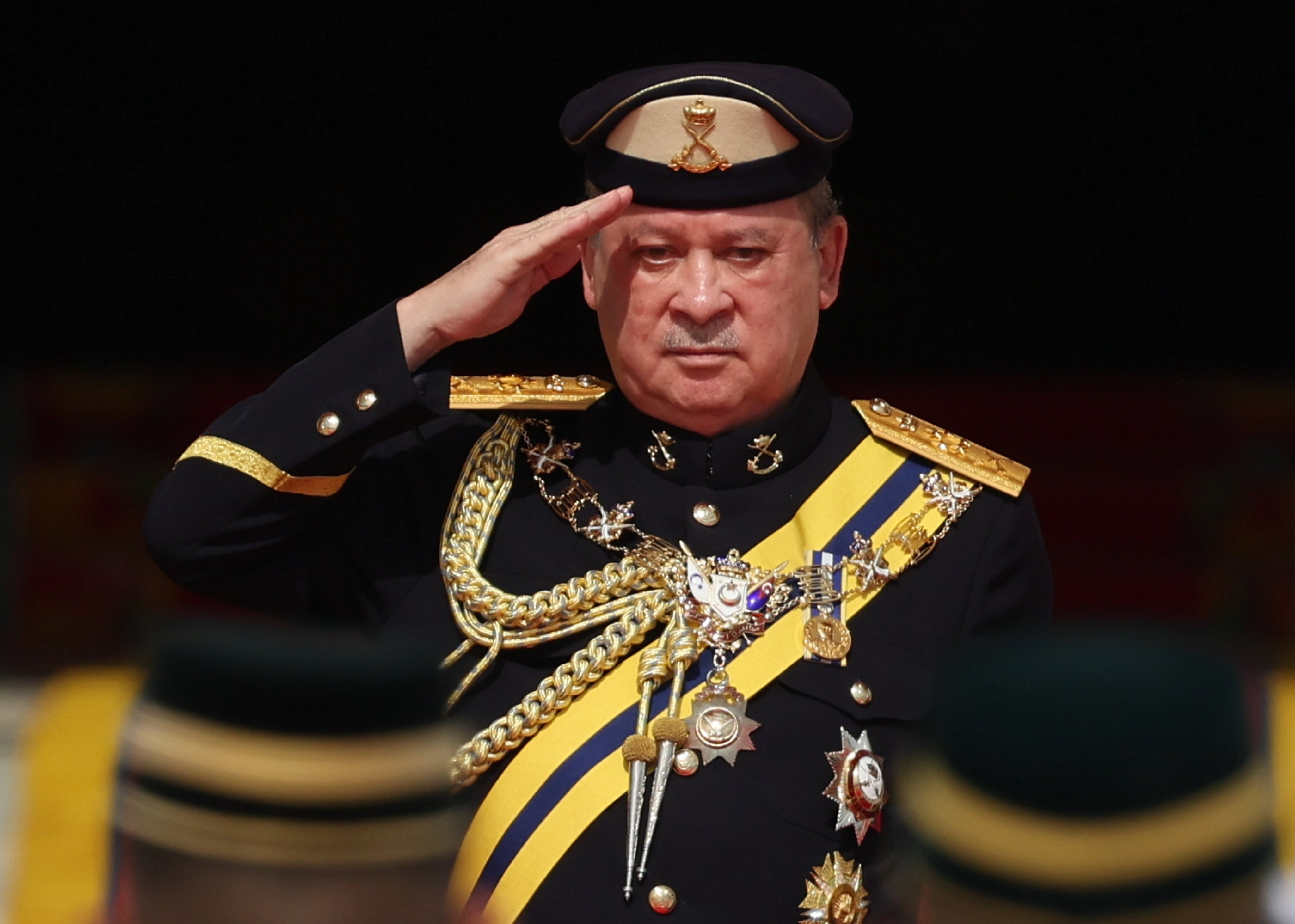 Sultan Ibrahim Sultan Iskandar salutes the guard of honour at the National Palace in Kuala Lumpur on Wednesday, during a ceremony in which he was installed as Malaysia’s 17th king. Photo: EPA-EFE