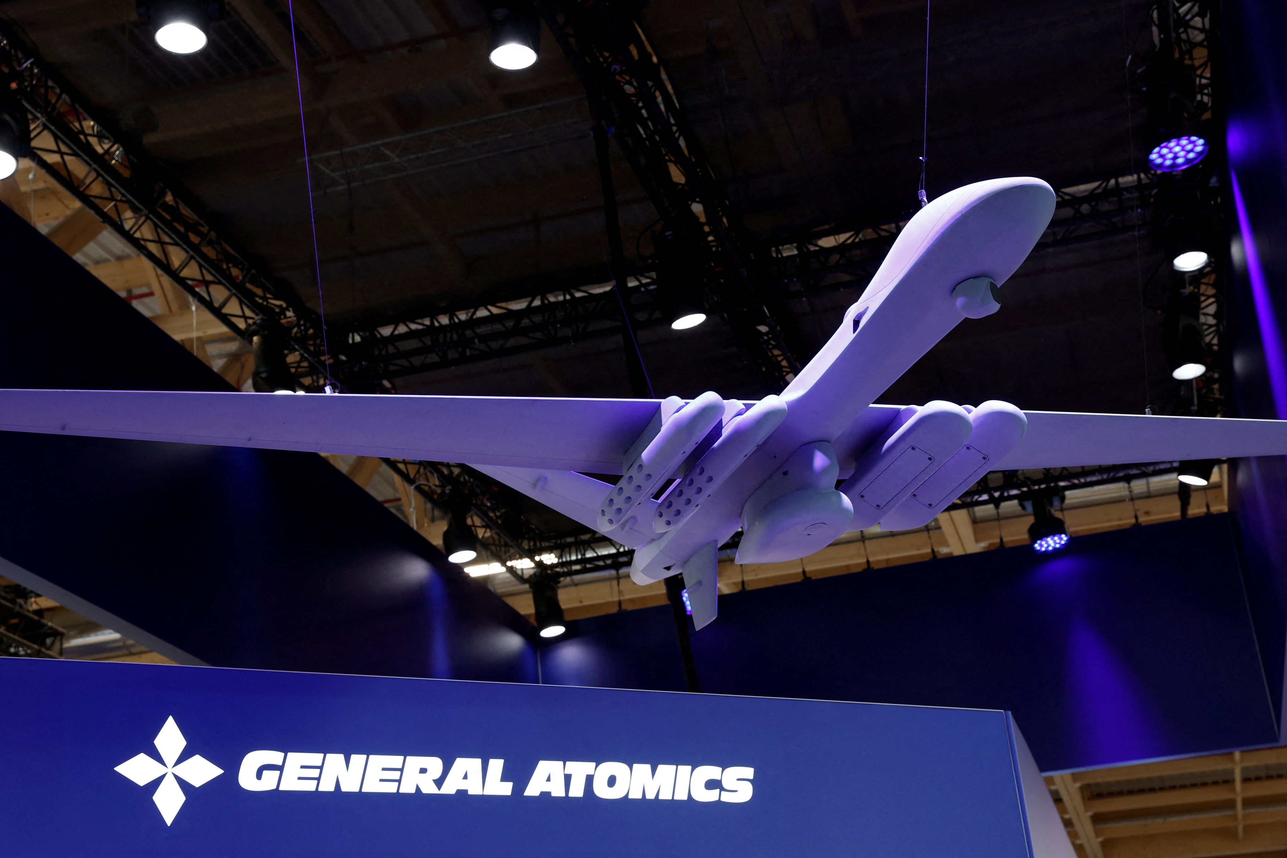 An MQ-9B drone manufactured by General Atomics is displayed at the 54th International Paris Airshow in France in June 2023. Photo: Reuters