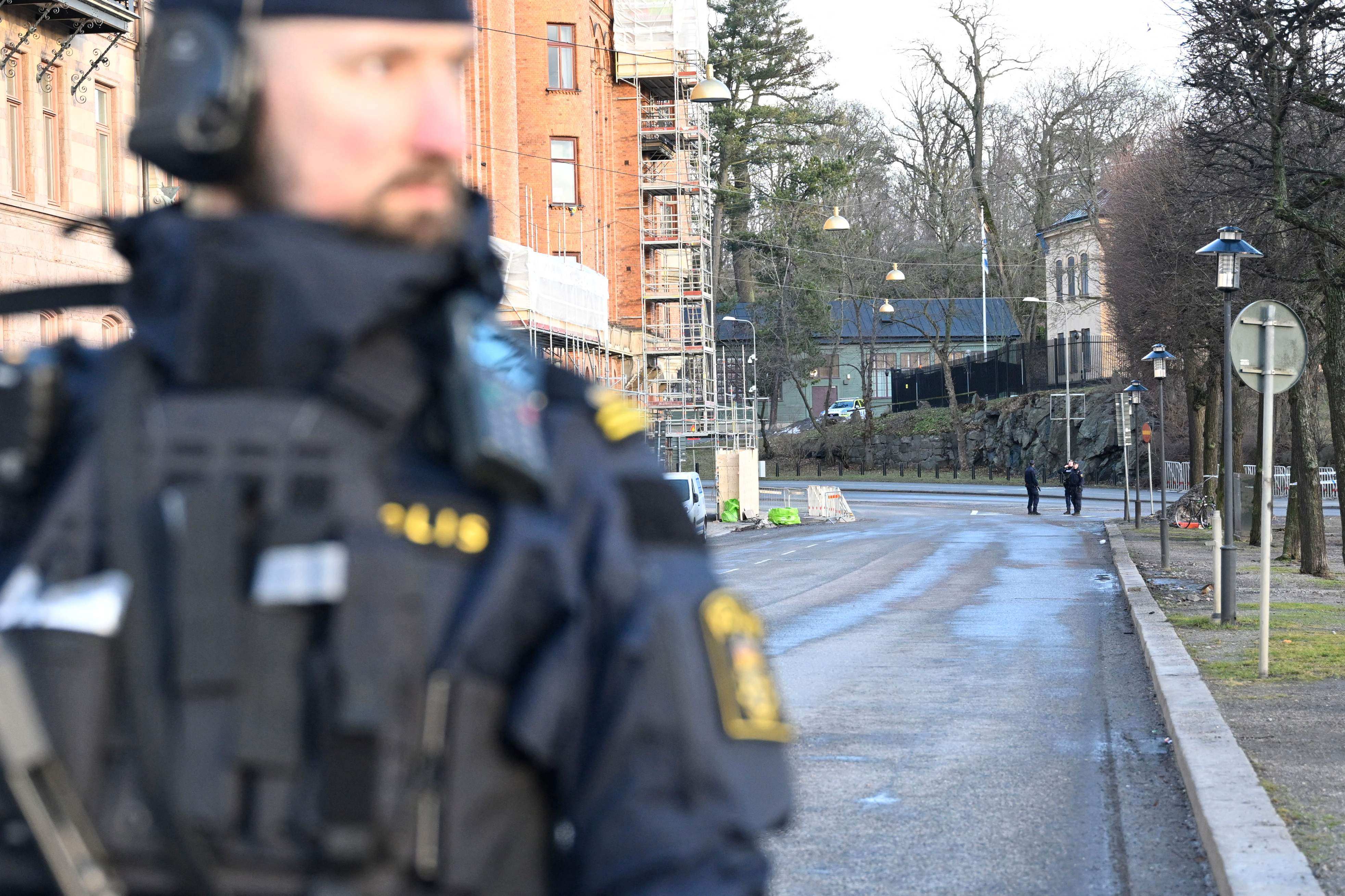 Police officers are seen outside the Israeli embassy in Stockholm. Police were called to the embassy on Wednesday after a “dangerous object” was discovered on its grounds. Photo: AFP