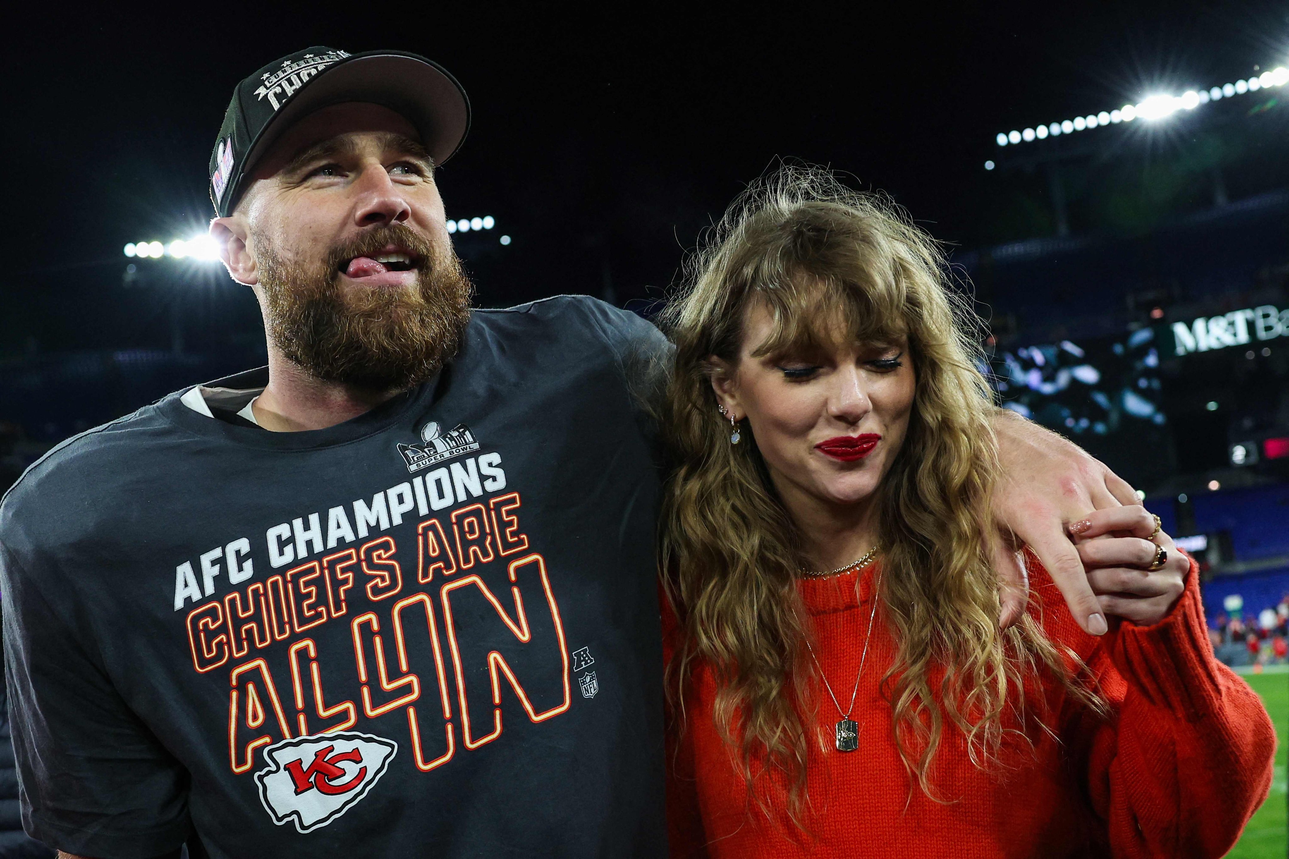 Travis Kelce of the Kansas City Chiefs celebrates with Taylor Swift after an AFC Championship NFL football game against the Baltimore Ravens in Baltimore, Maryland, on January 28. Photo: Getty Images via AFP
