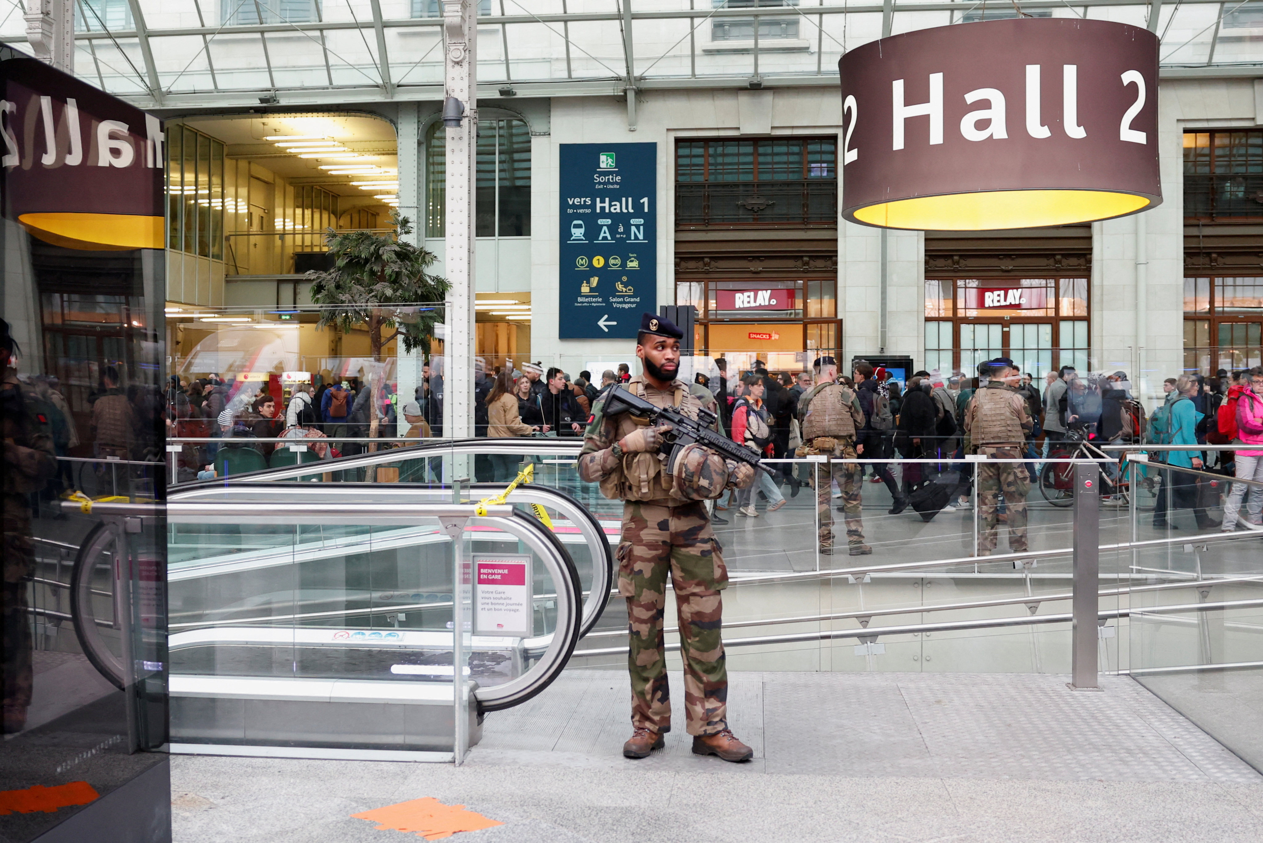 French soldiers secure the area after a man with a knife wounded three people at the Gare de Lyon railway station in Paris on Saturday. Photo: Reuters